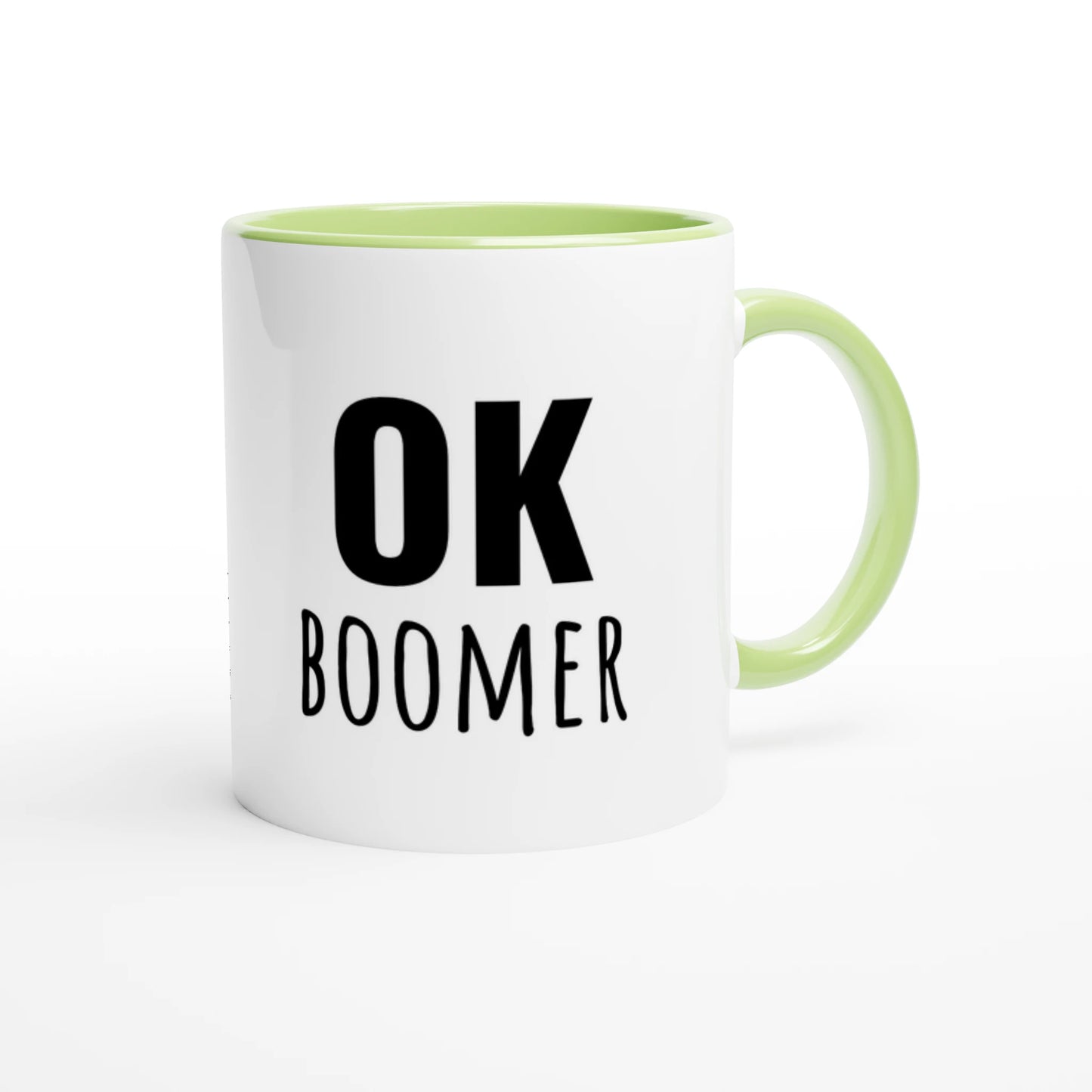 Zweifarbige Keramiktasse 325 ml mit Aufdruck "Ok Boomer" in Grün – Schreibtischtasse von Vollzeitfrust
