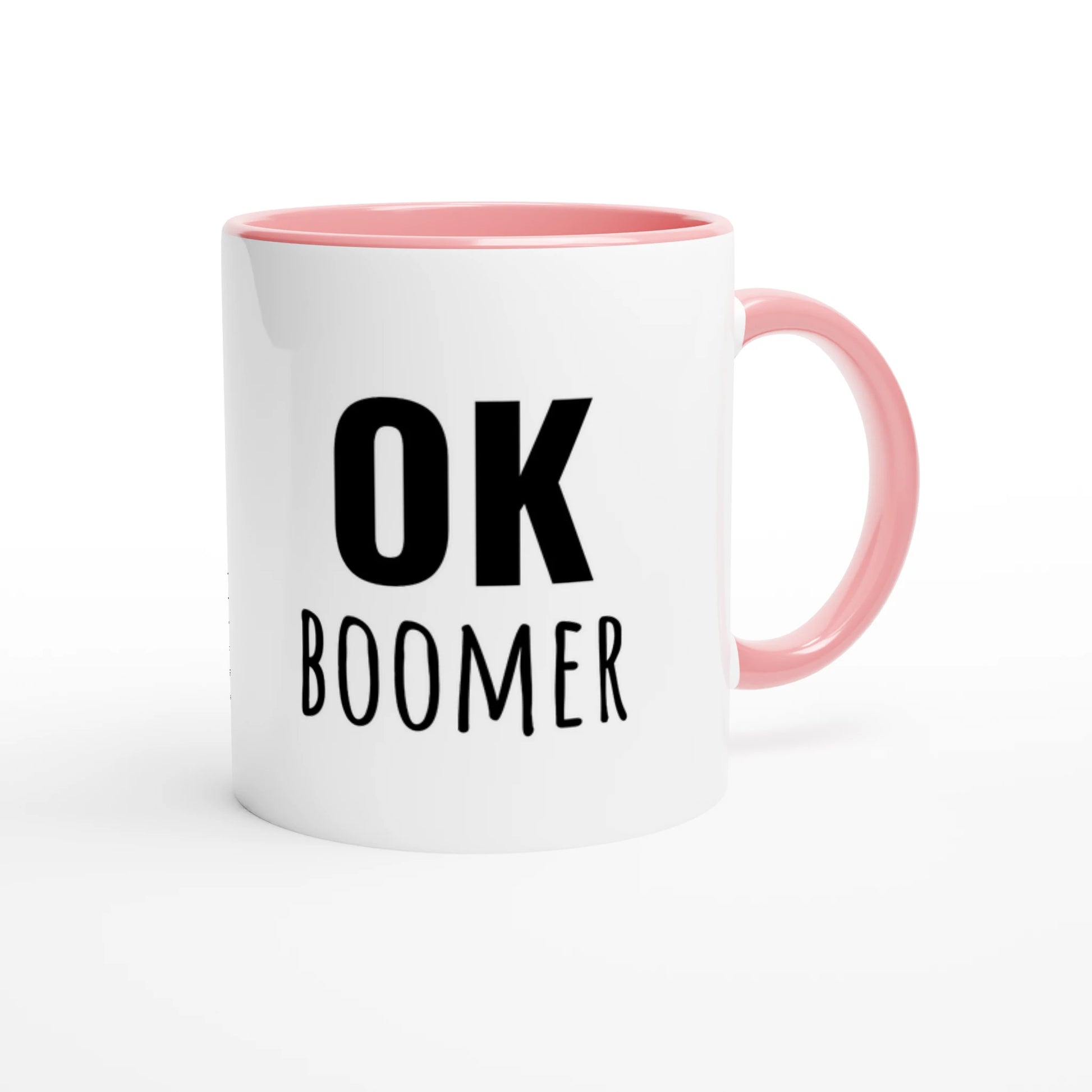 Zweifarbige Keramiktasse 325 ml mit Aufdruck "Ok Boomer" in Rosa – Schreibtischtasse von Vollzeitfrust
