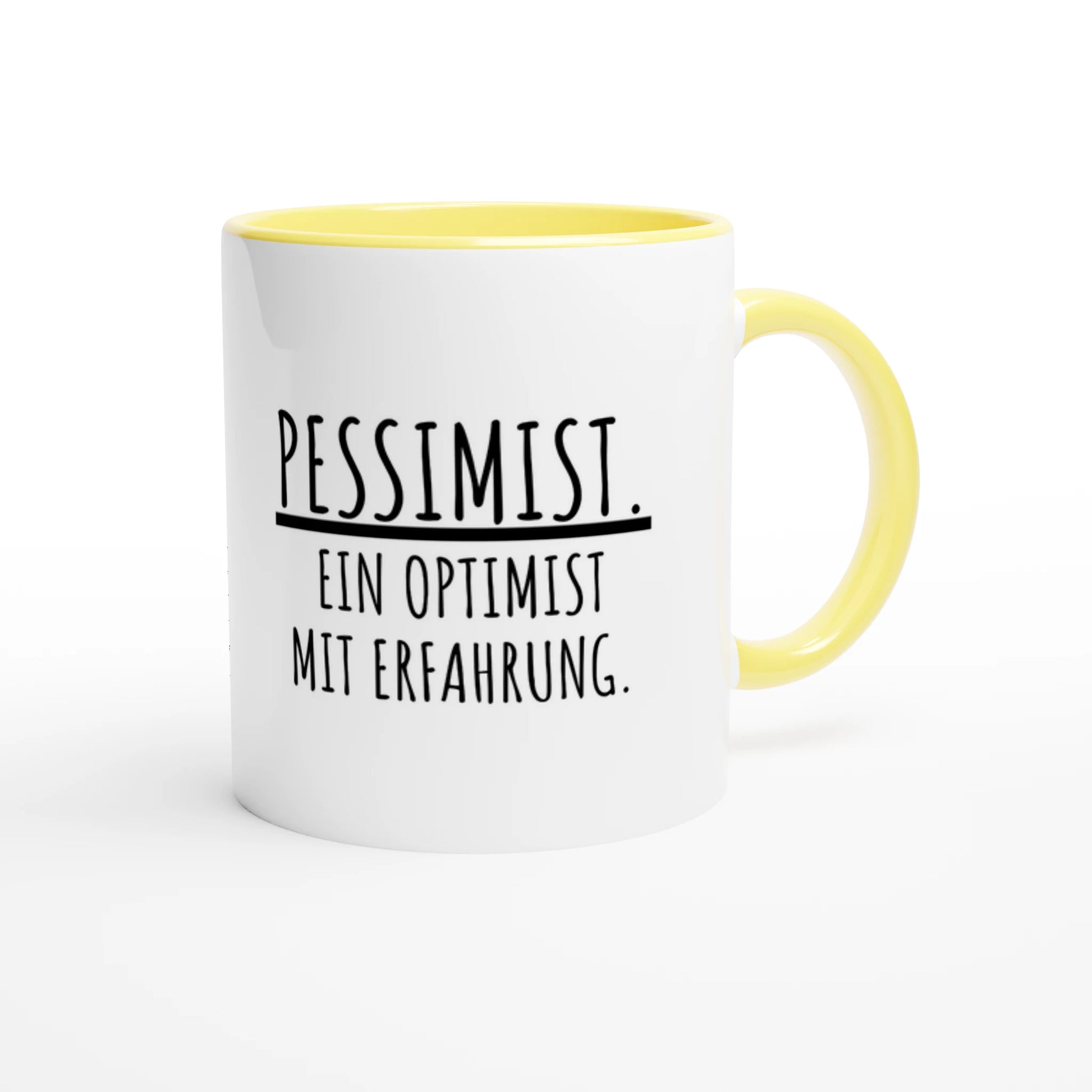 Zweifarbige Keramiktasse 325 ml mit Aufdruck "Pessimist. Ein Optimist mit Erfahrung" in Gelb – Schreibtischtasse von Vollzeitfrust
