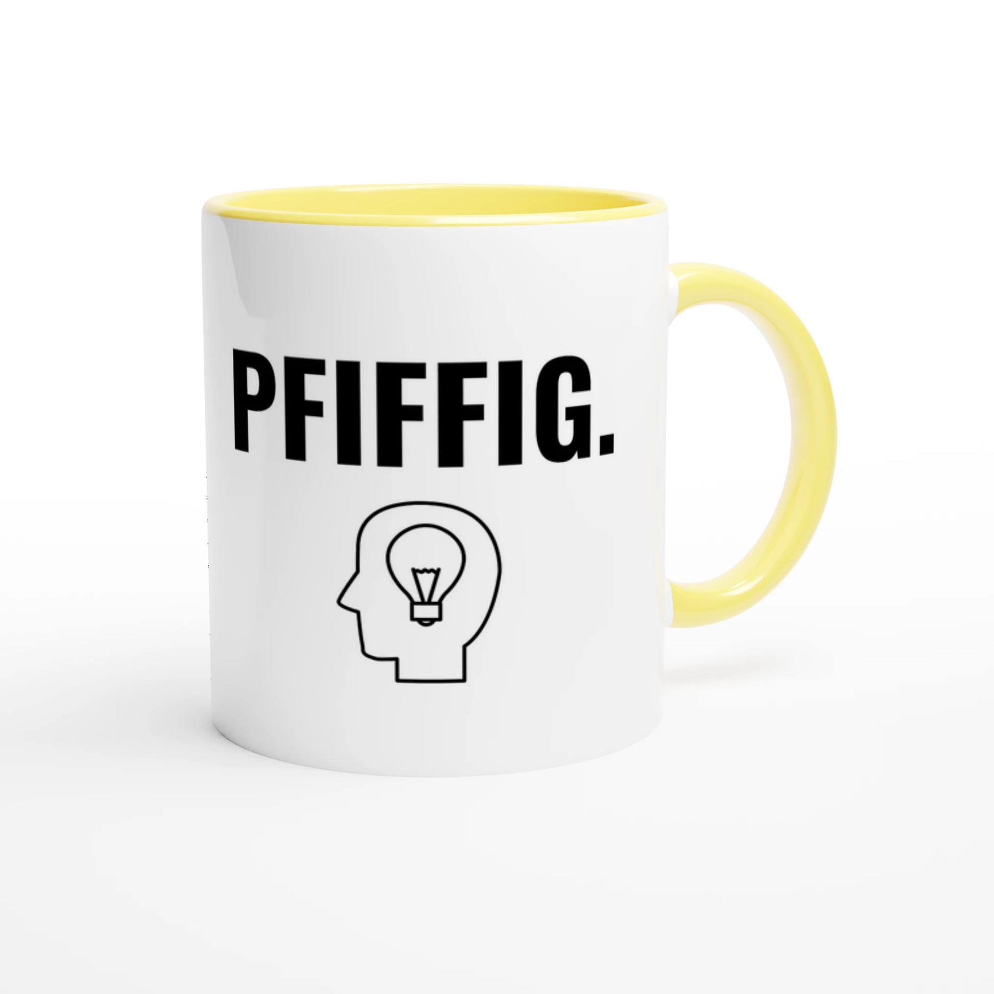 Zweifarbige Keramiktasse 325 ml mit Aufdruck "Pfiffig" in Gelb – Schreibtischtasse von Vollzeitfrust
