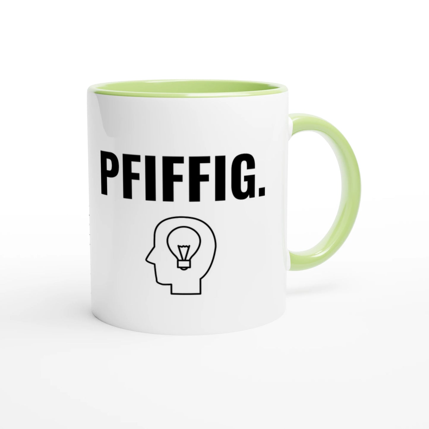 Zweifarbige Keramiktasse 325 ml mit Aufdruck "Pfiffig" in Grün – Schreibtischtasse von Vollzeitfrust
