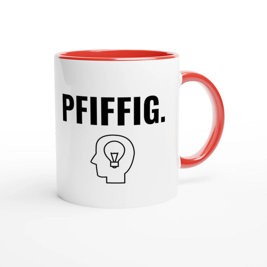 Zweifarbige Keramiktasse 325 ml mit Aufdruck "Pfiffig" in Rot – Schreibtischtasse von Vollzeitfrust

