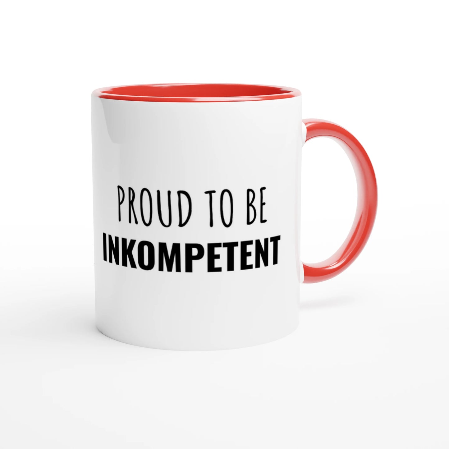 Zweifarbige Keramiktasse 325 ml mit Aufdruck "Proud to be Inkompetent" in Rot – Schreibtischtasse von Vollzeitfrust
