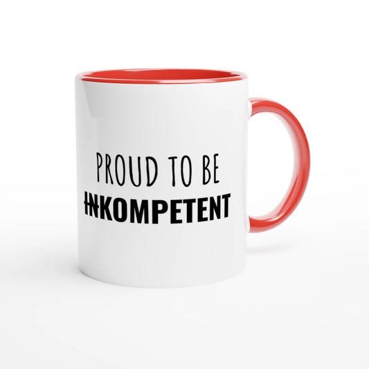 Zweifarbige Keramiktasse 325 ml mit Aufdruck "Proud to be Kompetent" in Rot – Schreibtischtasse von Vollzeitfrust
