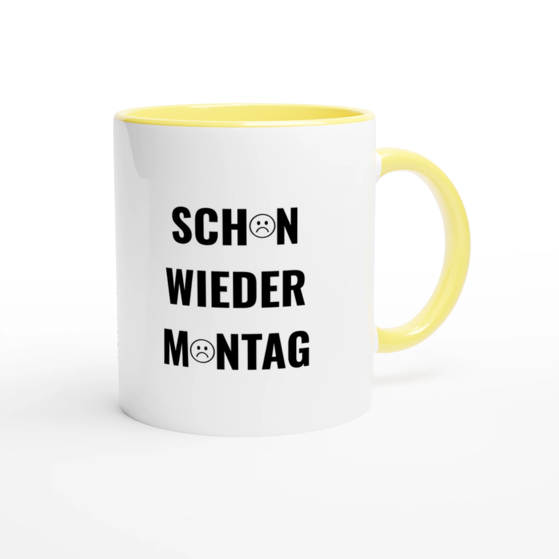 Zweifarbige Keramiktasse 325 ml mit Aufdruck "Schon wieder Montag" in Gelb – Schreibtischtasse von Vollzeitfrust
