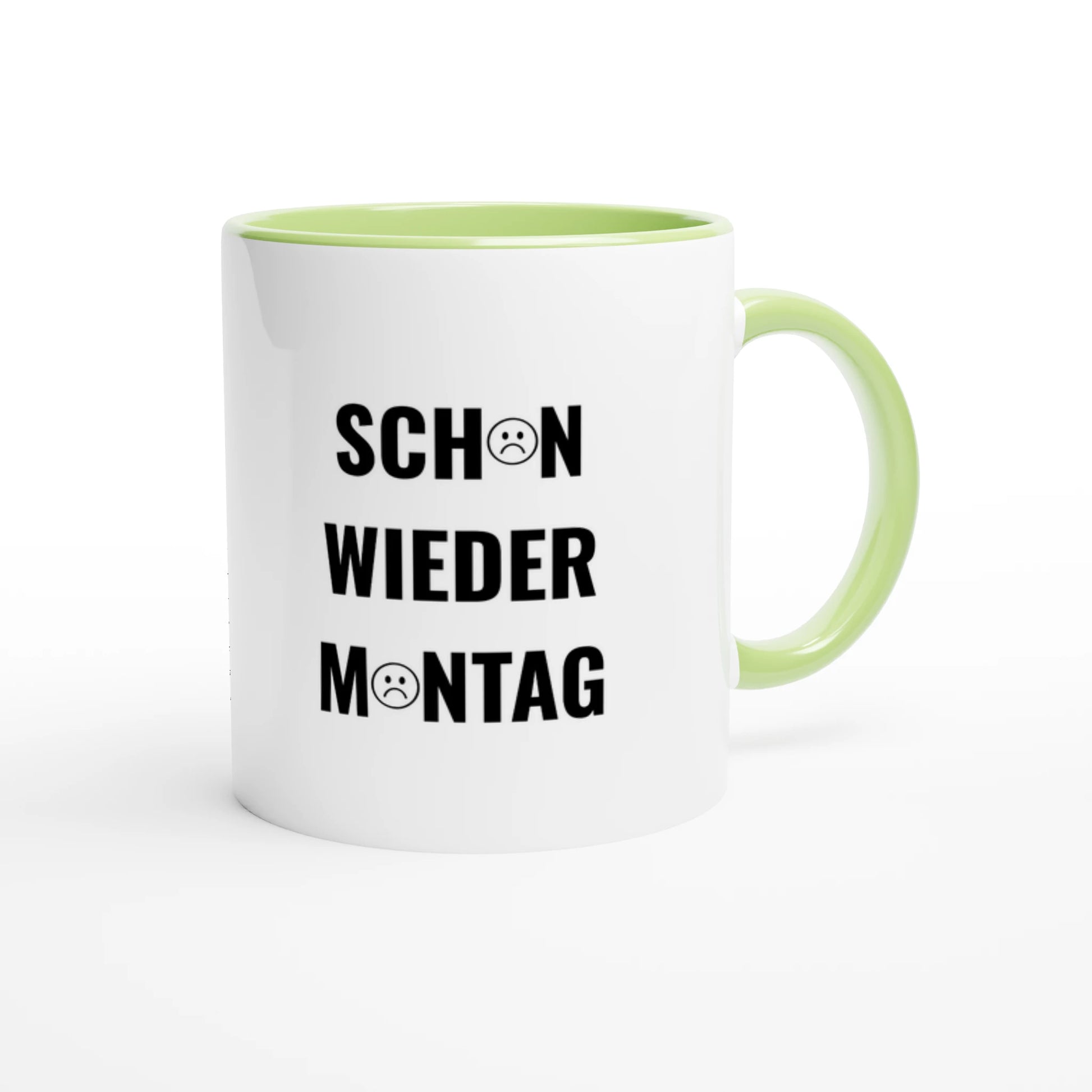 Zweifarbige Keramiktasse 325 ml mit Aufdruck "Schon wieder Montag" in Grün – Schreibtischtasse von Vollzeitfrust
