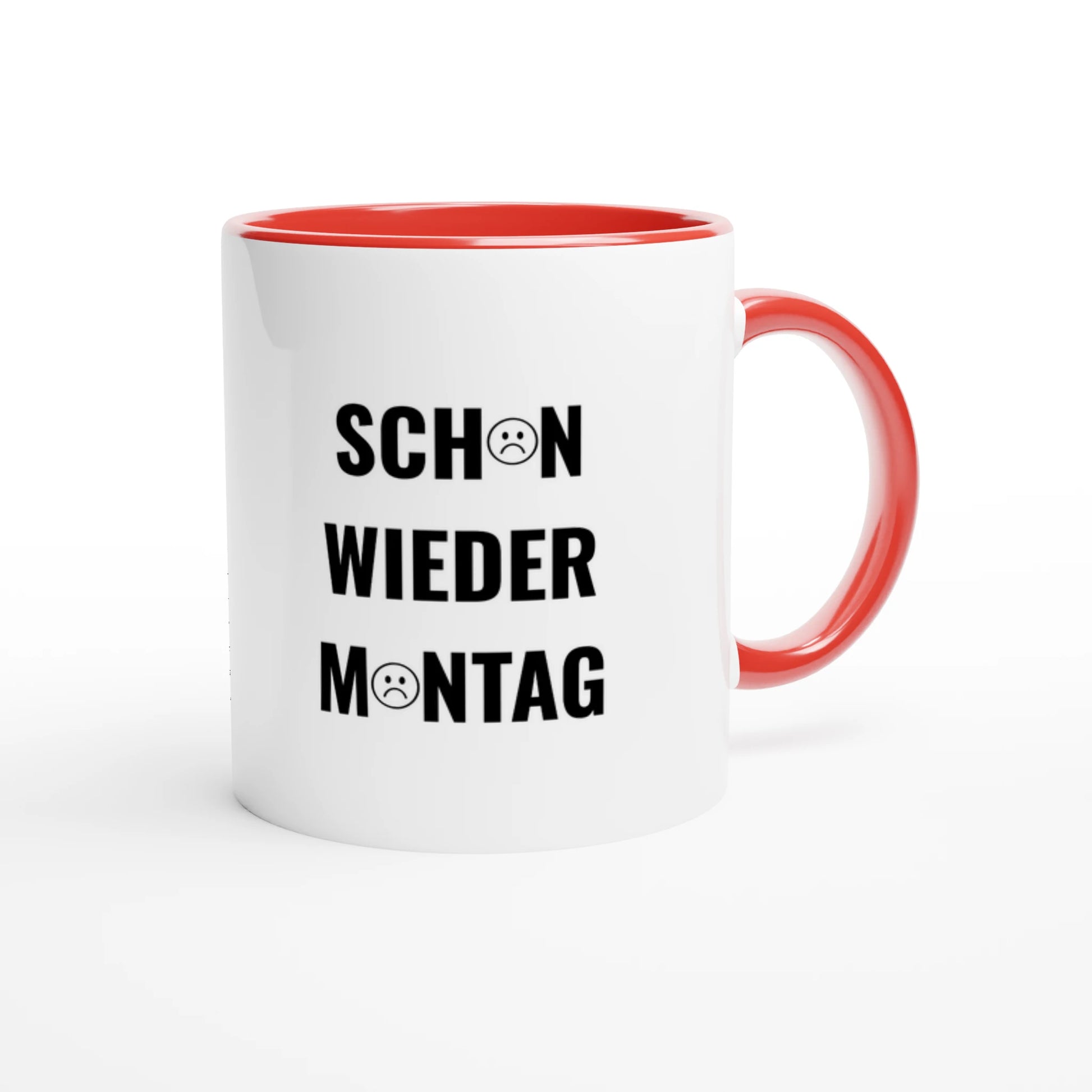 Zweifarbige Keramiktasse 325 ml mit Aufdruck "Schon wieder Montag" in Rot – Schreibtischtasse von Vollzeitfrust
