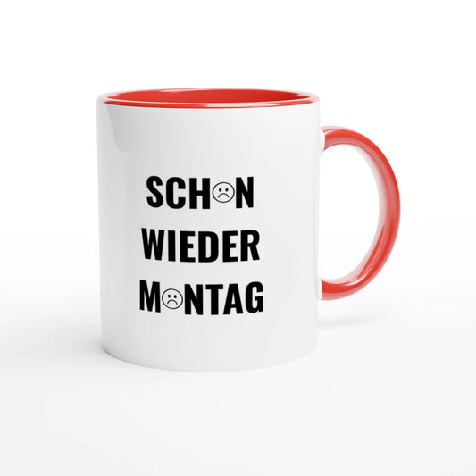 Zweifarbige Keramiktasse 325 ml mit Aufdruck "Schon wieder Montag" in Rot – Schreibtischtasse von Vollzeitfrust
