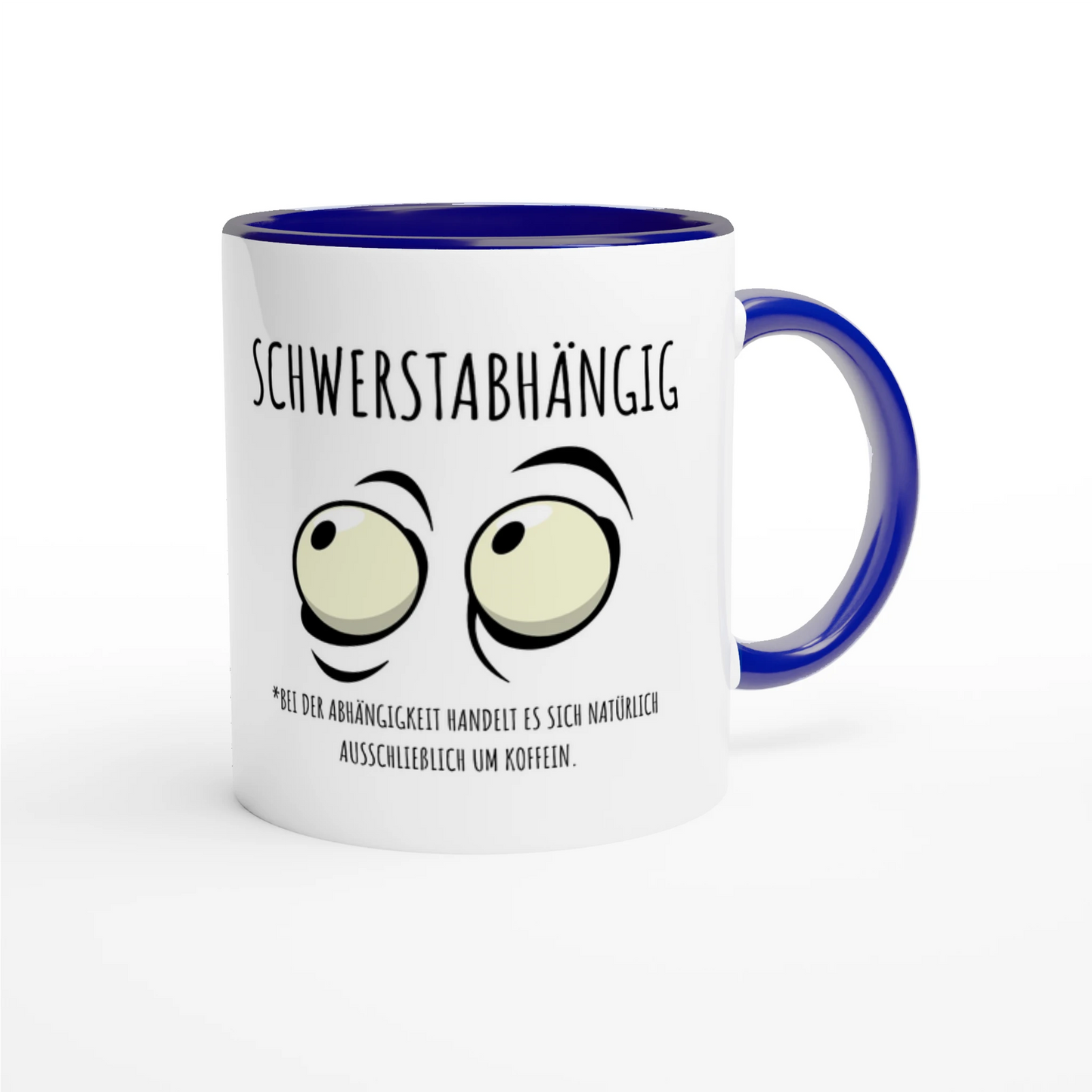 Zweifarbige Keramiktasse 325 ml mit Aufdruck "Schwerstabhängig" in Blau – Schreibtischtasse von Vollzeitfrust
