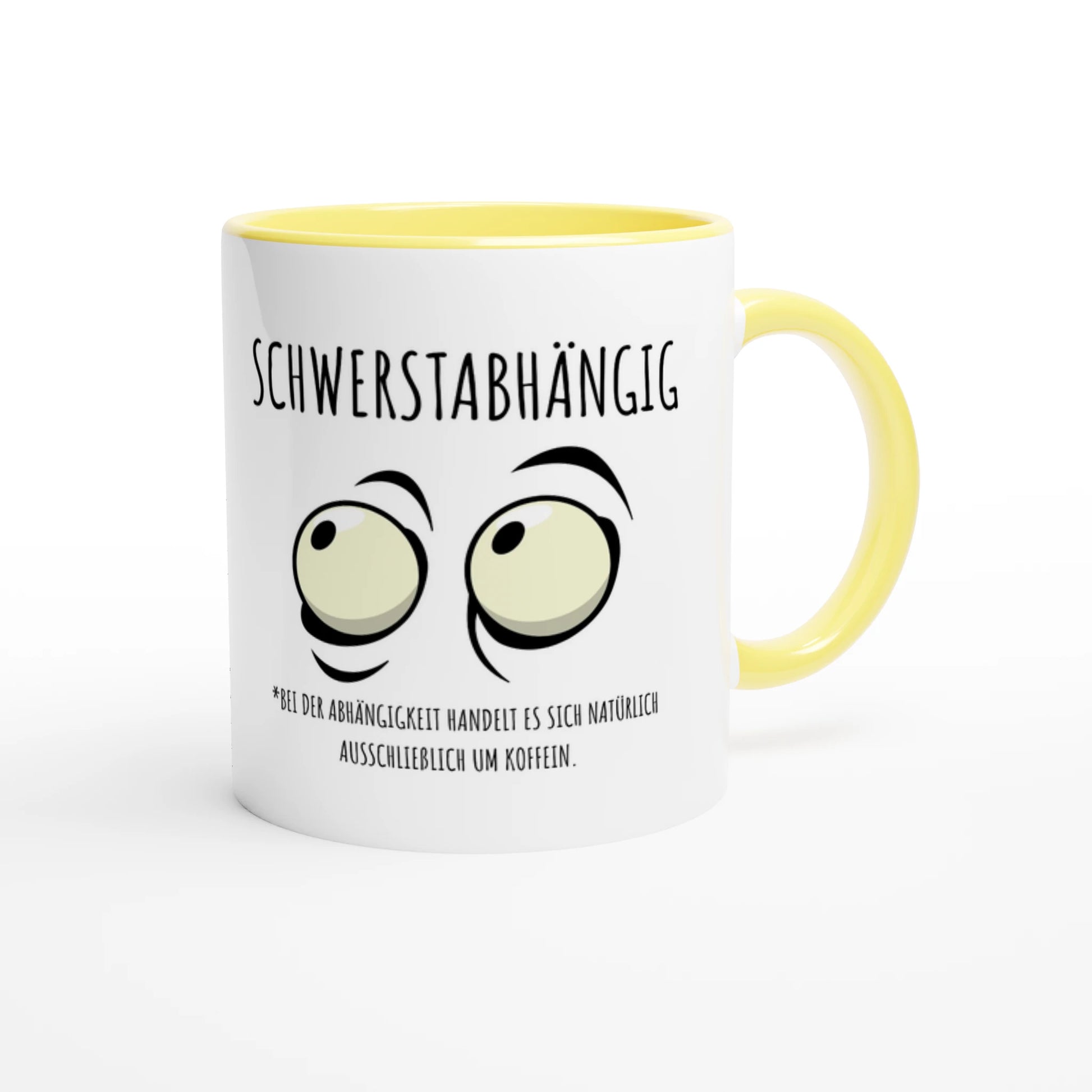 Zweifarbige Keramiktasse 325 ml mit Aufdruck "Schwerstabhängig" in Gelb – Schreibtischtasse von Vollzeitfrust
