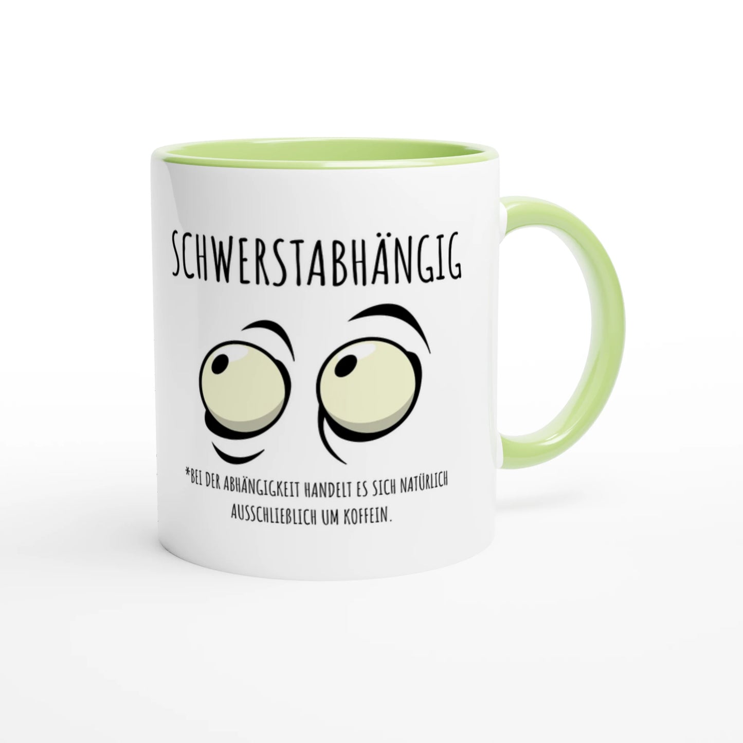 Zweifarbige Keramiktasse 325 ml mit Aufdruck "Schwerstabhängig" in Grün – Schreibtischtasse von Vollzeitfrust
