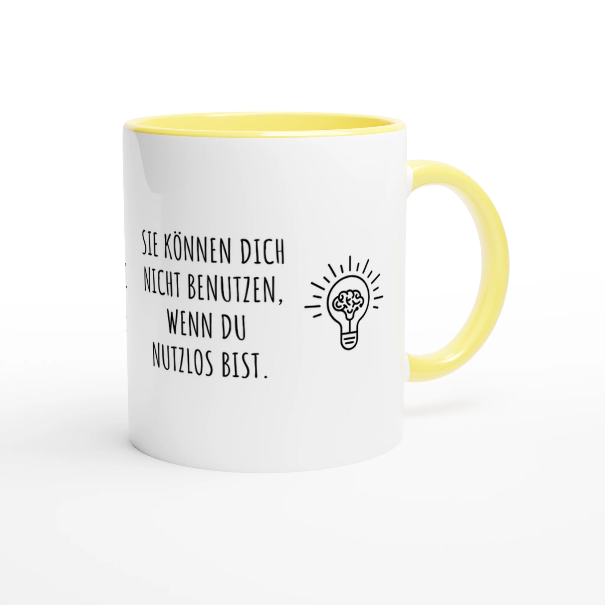 Zweifarbige Keramiktasse 325 ml mit Aufdruck "Sie können dich nicht benutzen, wenn du nutzlos bist" in Gelb – Schreibtischtasse von Vollzeitfrust
