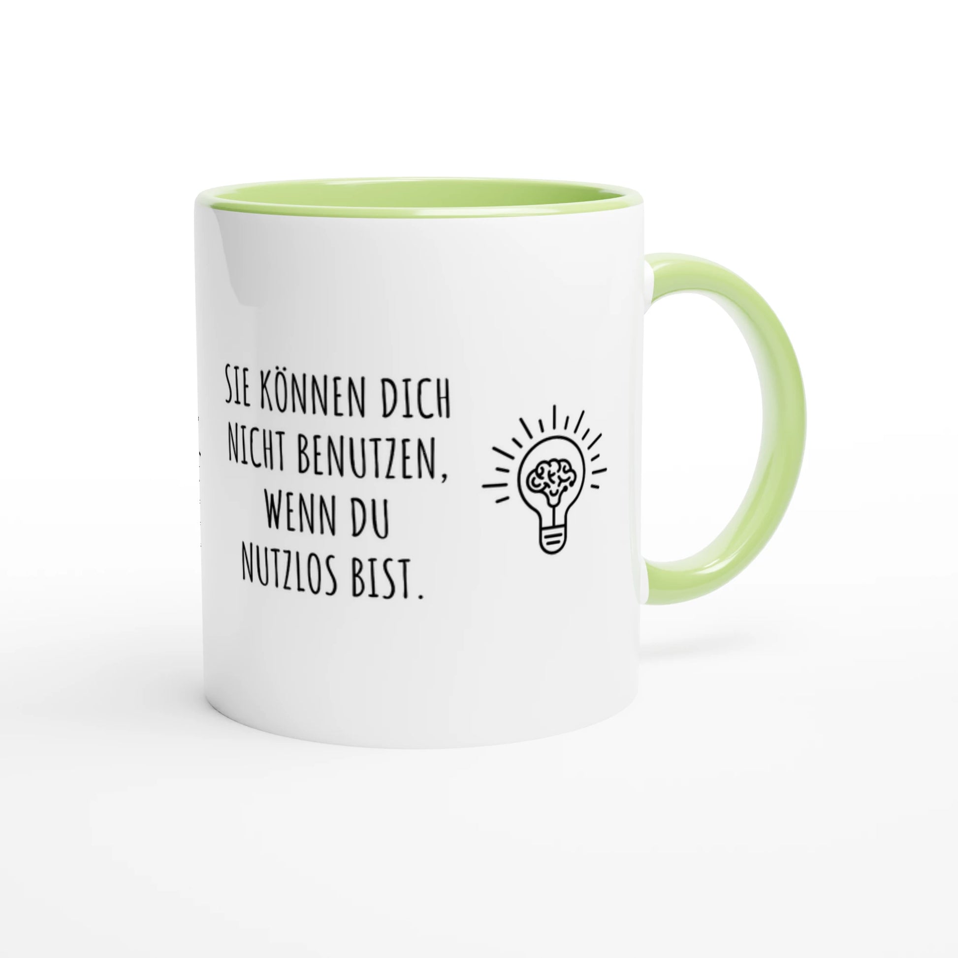 Zweifarbige Keramiktasse 325 ml mit Aufdruck "Sie können dich nicht benutzen, wenn du nutzlos bist" in Grün – Schreibtischtasse von Vollzeitfrust
