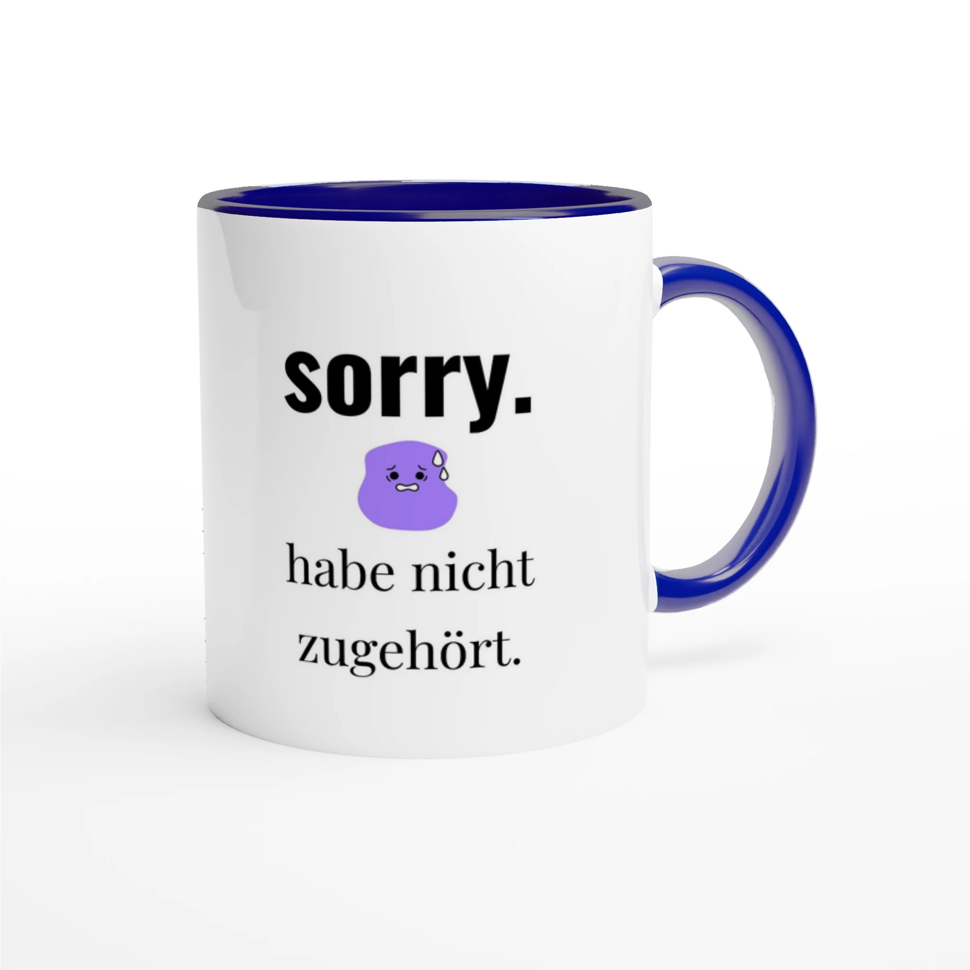 Zweifarbige Keramiktasse 325 ml mit Aufdruck "Sorry. Habe nicht zugehört" in Blau – Schreibtischtasse von Vollzeitfrust
