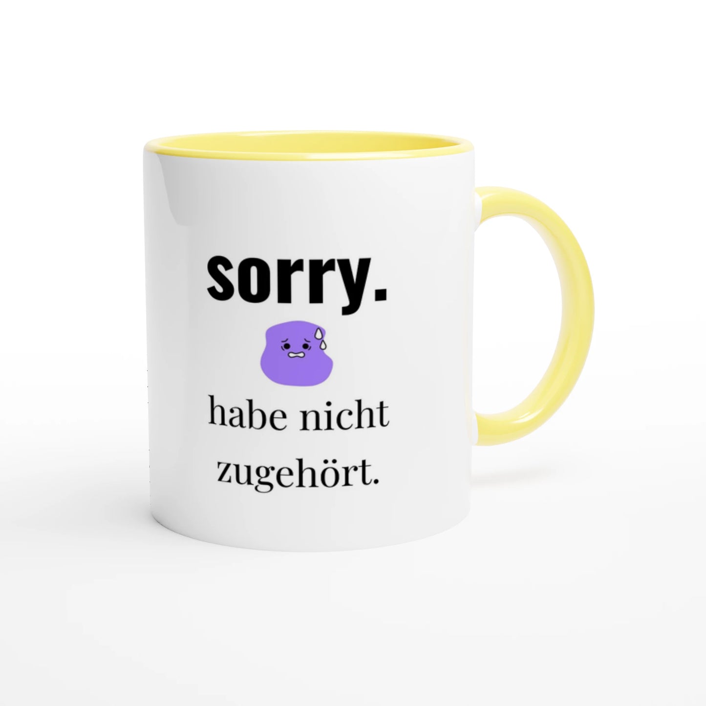 Zweifarbige Keramiktasse 325 ml mit Aufdruck "Sorry. Habe nicht zugehört" in Gelb – Schreibtischtasse von Vollzeitfrust
