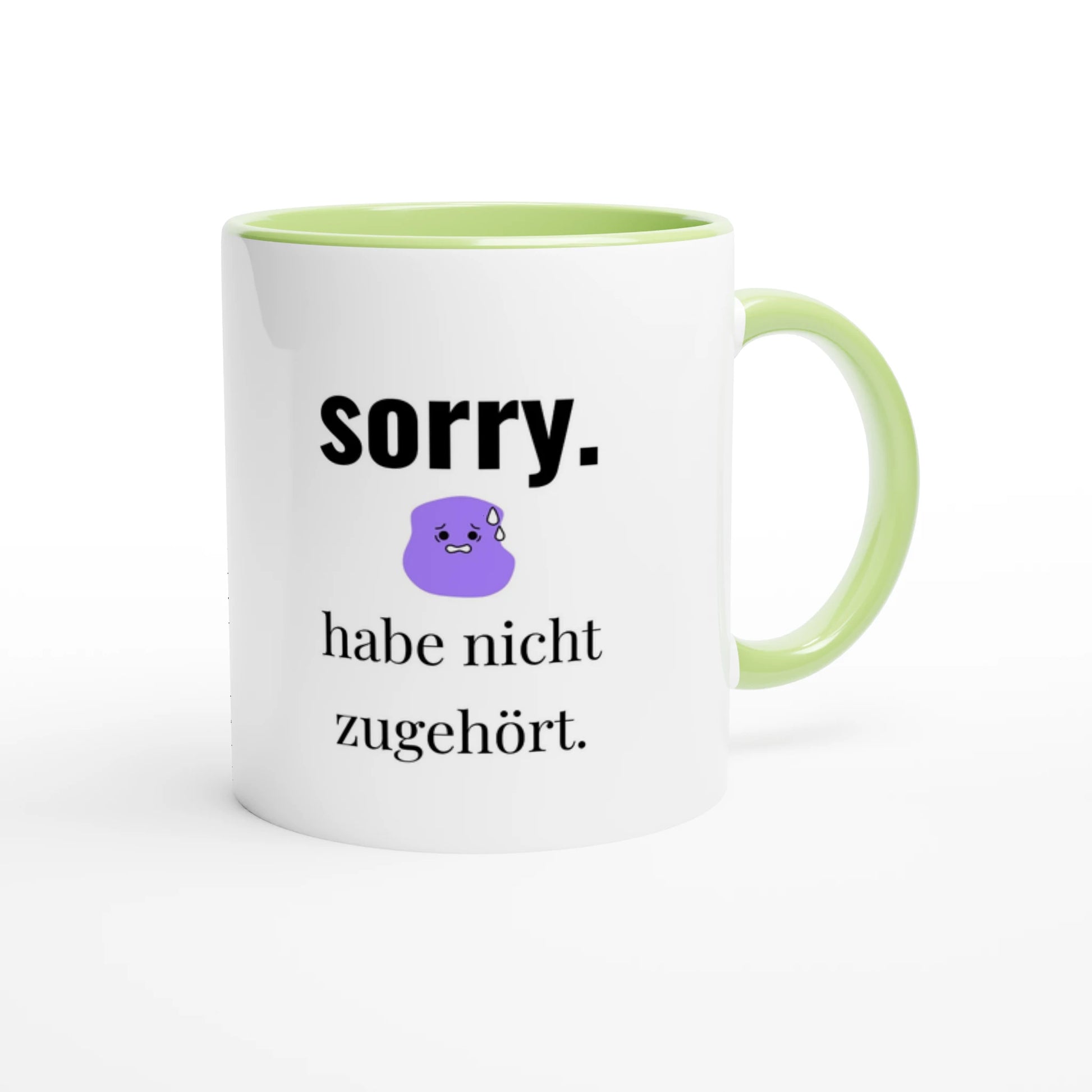 Zweifarbige Keramiktasse 325 ml mit Aufdruck "Sorry. Habe nicht zugehört" in Grün – Schreibtischtasse von Vollzeitfrust
