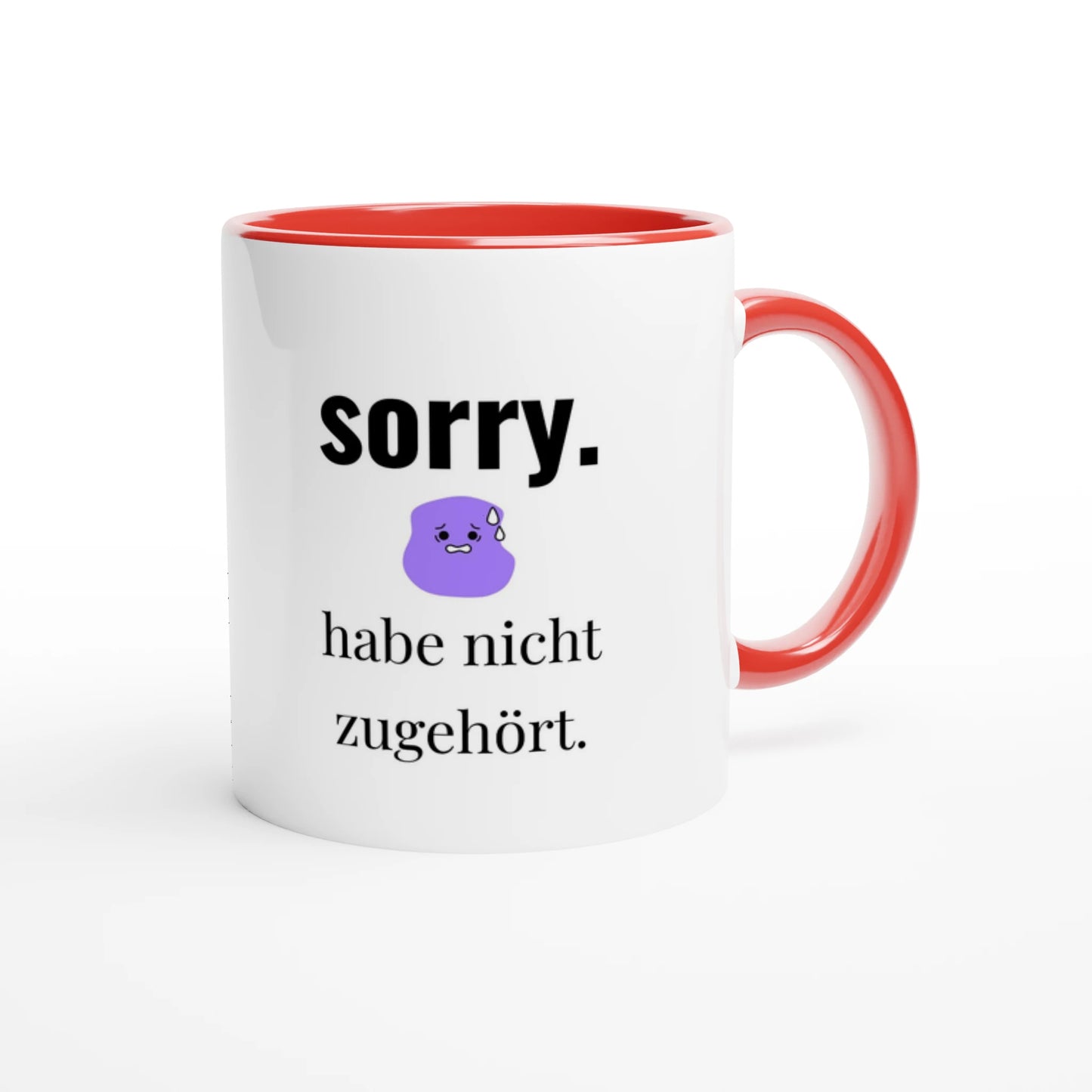 Zweifarbige Keramiktasse 325 ml mit Aufdruck "Sorry. Habe nicht zugehört" in Rot – Schreibtischtasse von Vollzeitfrust
