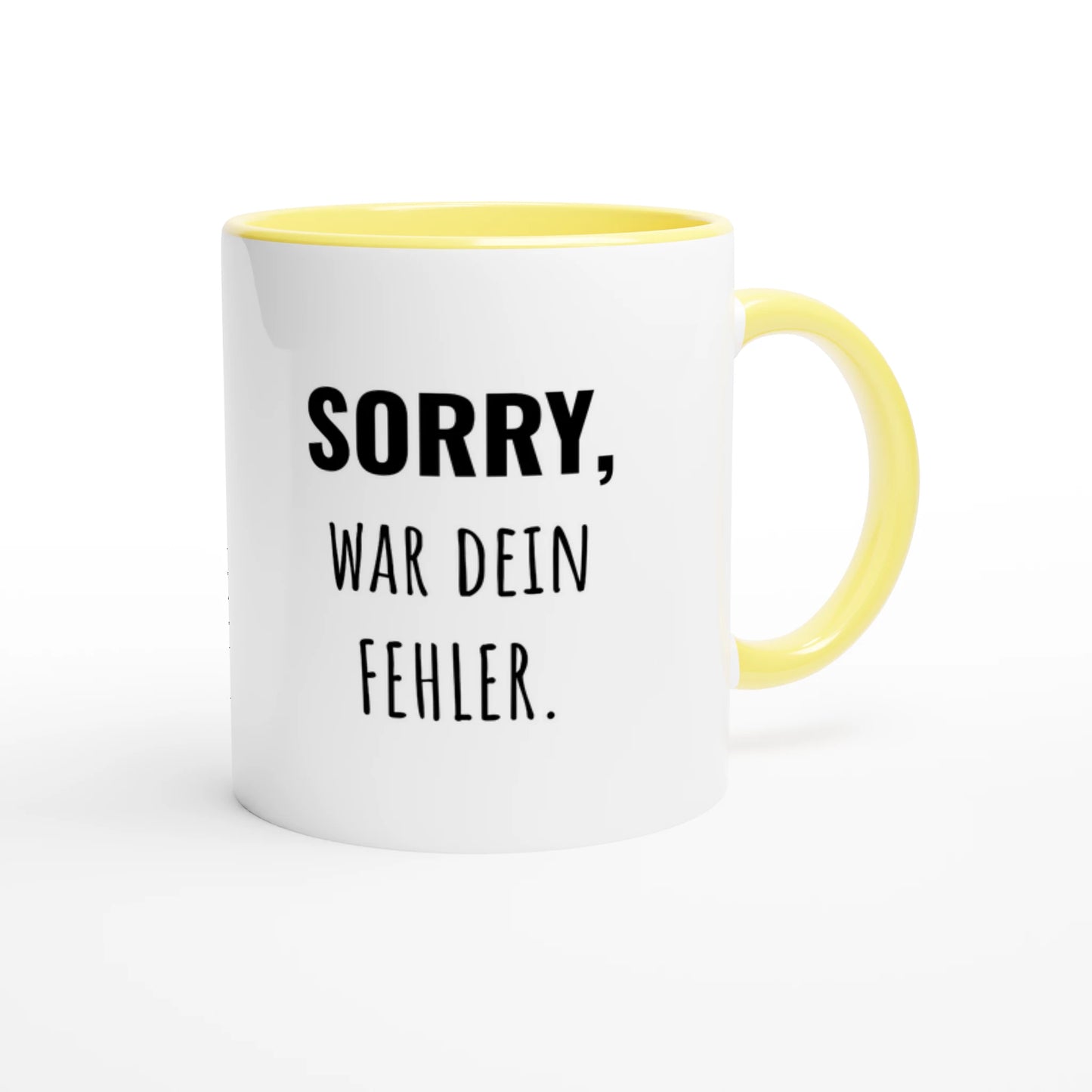 Zweifarbige Keramiktasse 325 ml mit Aufdruck "Sorry, war dein Fehler" in Gelb – Schreibtischtasse von Vollzeitfrust
