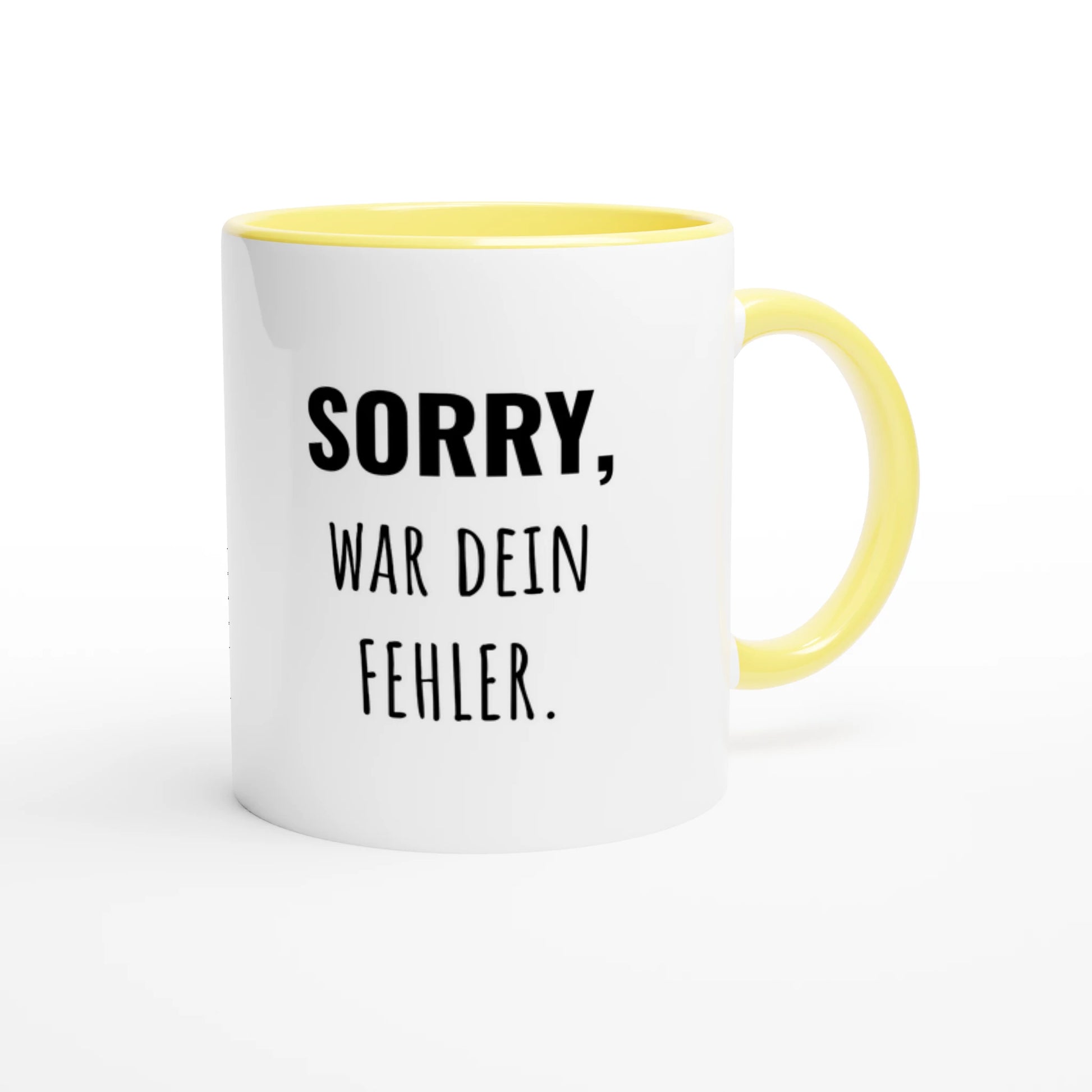 Zweifarbige Keramiktasse 325 ml mit Aufdruck "Sorry, war dein Fehler" in Gelb – Schreibtischtasse von Vollzeitfrust
