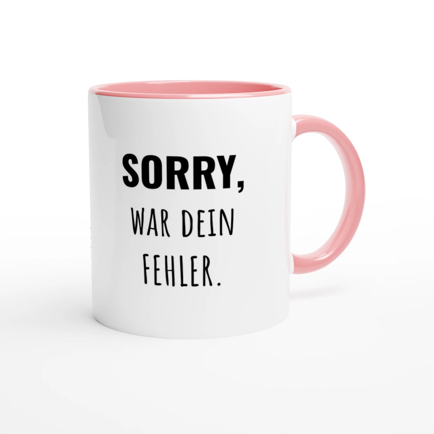 Zweifarbige Keramiktasse 325 ml mit Aufdruck "Sorry, war dein Fehler" in Rosa – Schreibtischtasse von Vollzeitfrust
