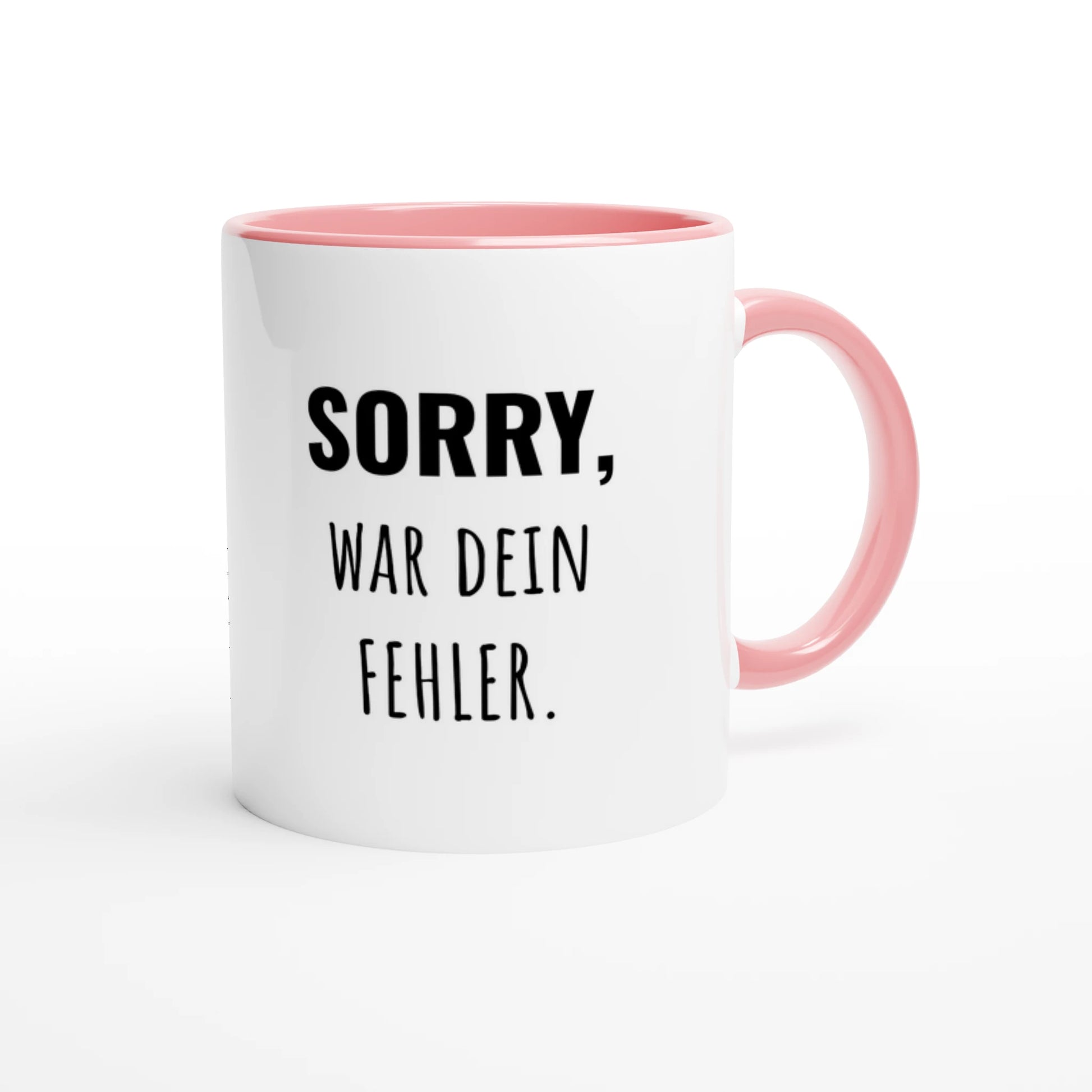 Zweifarbige Keramiktasse 325 ml mit Aufdruck "Sorry, war dein Fehler" in Rosa – Schreibtischtasse von Vollzeitfrust
