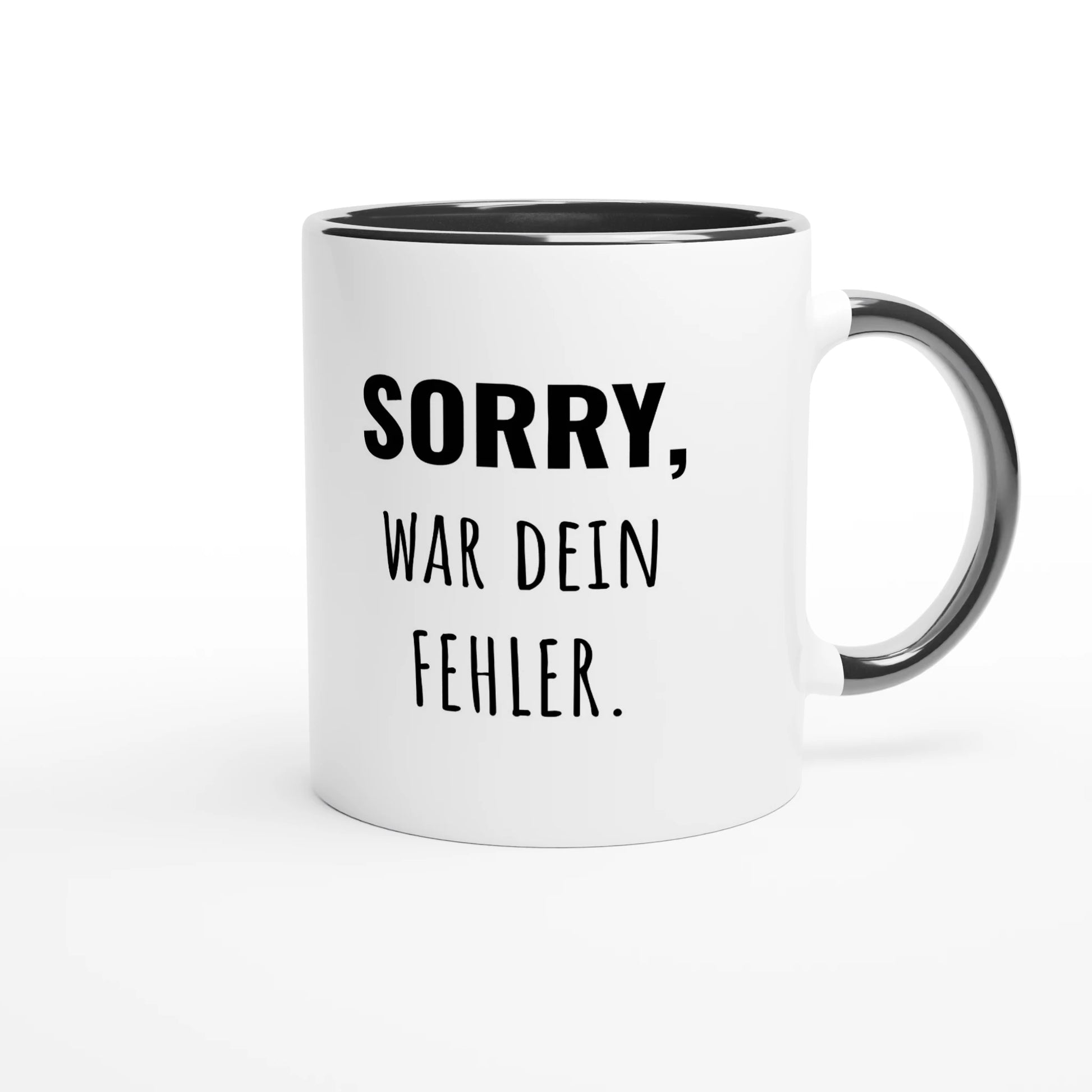 Zweifarbige Keramiktasse 325 ml mit Aufdruck "Sorry, war dein Fehler" in Schwarz – Schreibtischtasse von Vollzeitfrust
