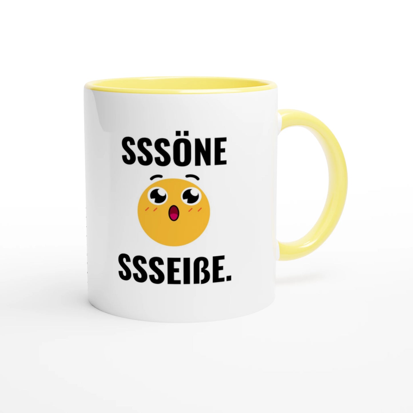 Zweifarbige Keramiktasse 325 ml mit Aufdruck "Sssöne Ssseißße" in Gelb – Schreibtischtasse von Vollzeitfrust
