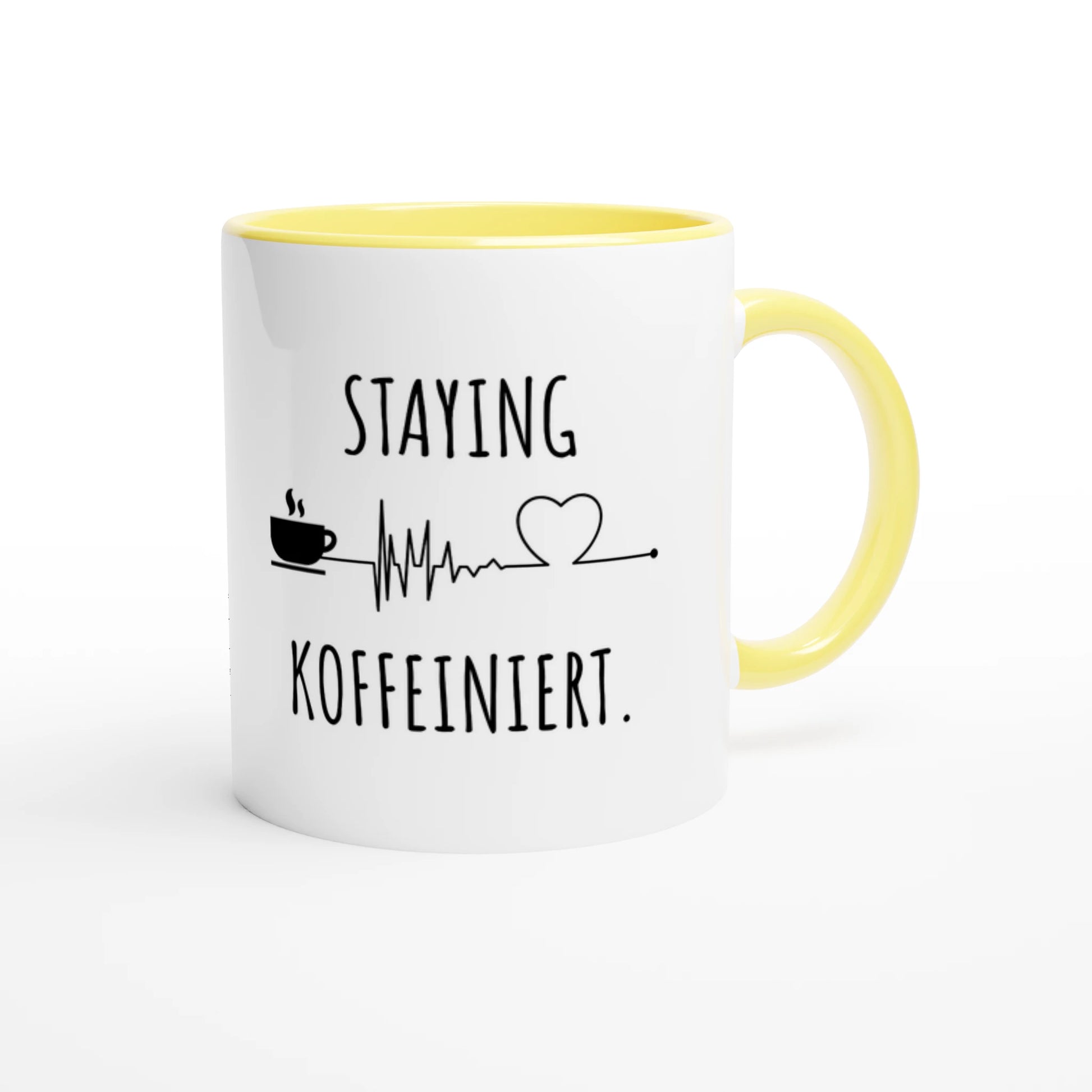 Zweifarbige Keramiktasse 325 ml mit Aufdruck "Staying Koffeiniert" in Gelb – Schreibtischtasse von Vollzeitfrust

