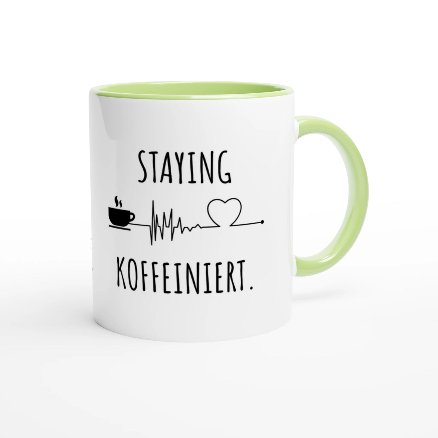 Zweifarbige Keramiktasse 325 ml mit Aufdruck "Staying Koffeiniert" in Grün – Schreibtischtasse von Vollzeitfrust
