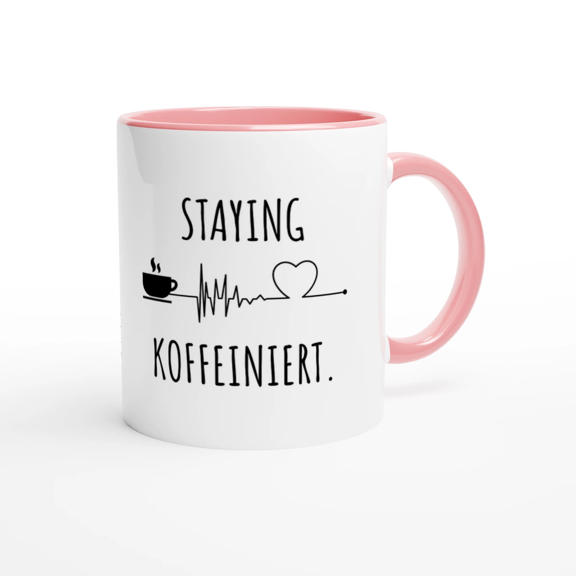 Zweifarbige Keramiktasse 325 ml mit Aufdruck "Staying Koffeiniert" in Rosa – Schreibtischtasse von Vollzeitfrust

