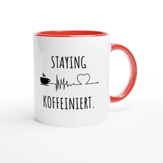 Zweifarbige Keramiktasse 325 ml mit Aufdruck "Staying Koffeiniert" in Rot – Schreibtischtasse von Vollzeitfrust
