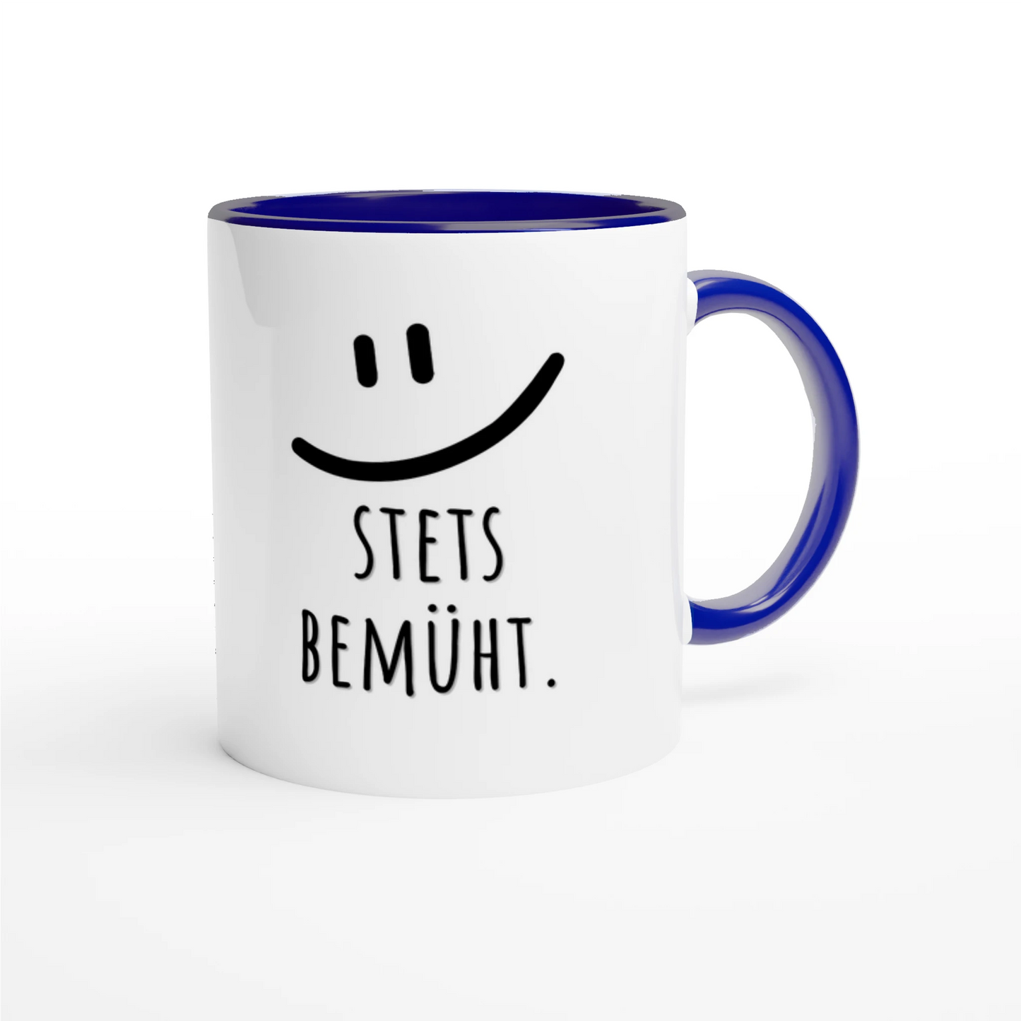 Zweifarbige Keramiktasse 325 ml mit Aufdruck "Stets bemüht" in Blau – Schreibtischtasse von Vollzeitfrust
