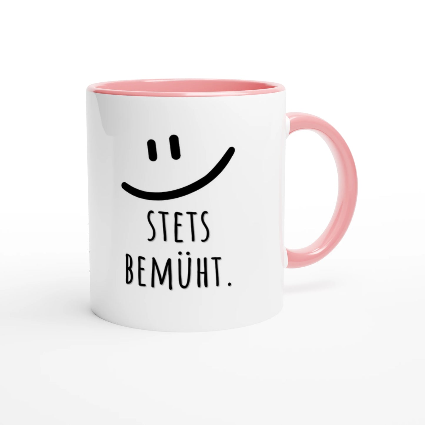 Zweifarbige Keramiktasse 325 ml mit Aufdruck "Stets bemüht" in Rosa – Schreibtischtasse von Vollzeitfrust
