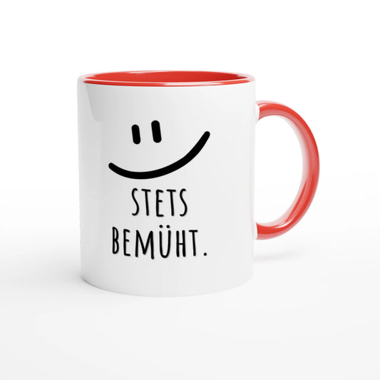 Zweifarbige Keramiktasse 325 ml mit Aufdruck "Stets bemüht" in Rot – Schreibtischtasse von Vollzeitfrust
