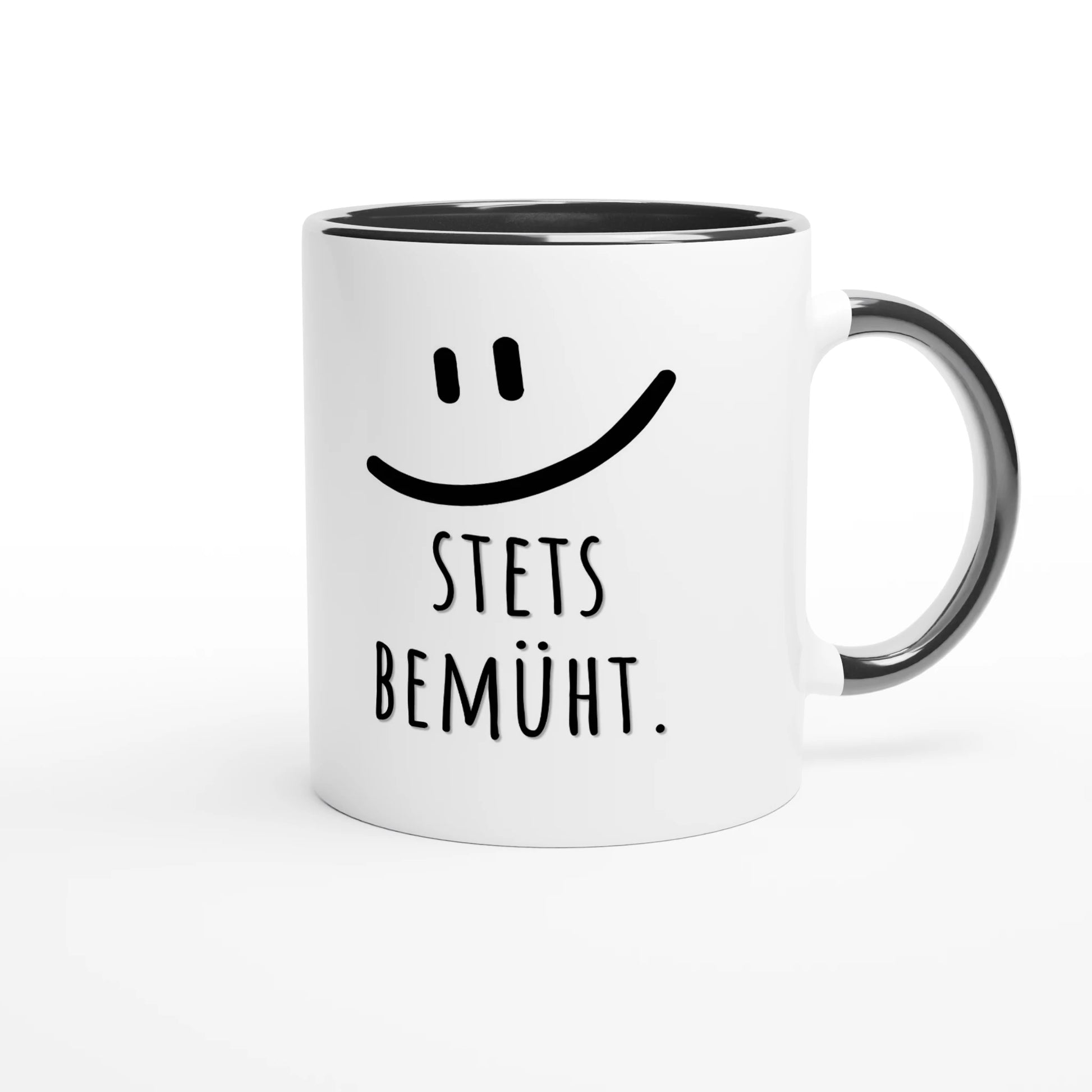 Zweifarbige Keramiktasse 325 ml mit Aufdruck "Stets bemüht" in Schwarz – Schreibtischtasse von Vollzeitfrust
