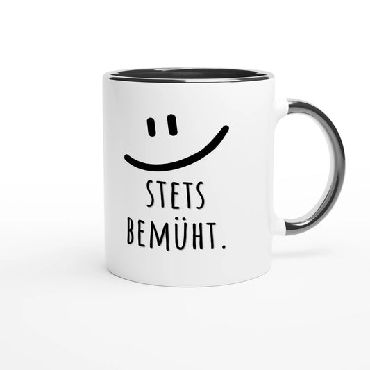 Zweifarbige Keramiktasse 325 ml mit Aufdruck "Stets bemüht" in Schwarz – Schreibtischtasse von Vollzeitfrust
