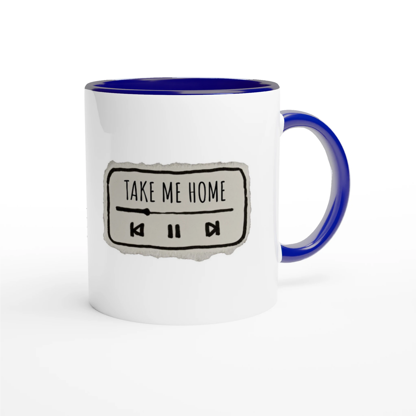 Zweifarbige Keramiktasse 325 ml mit Aufdruck "Take Me Home" in Blau – Schreibtischtasse von Vollzeitfrust
