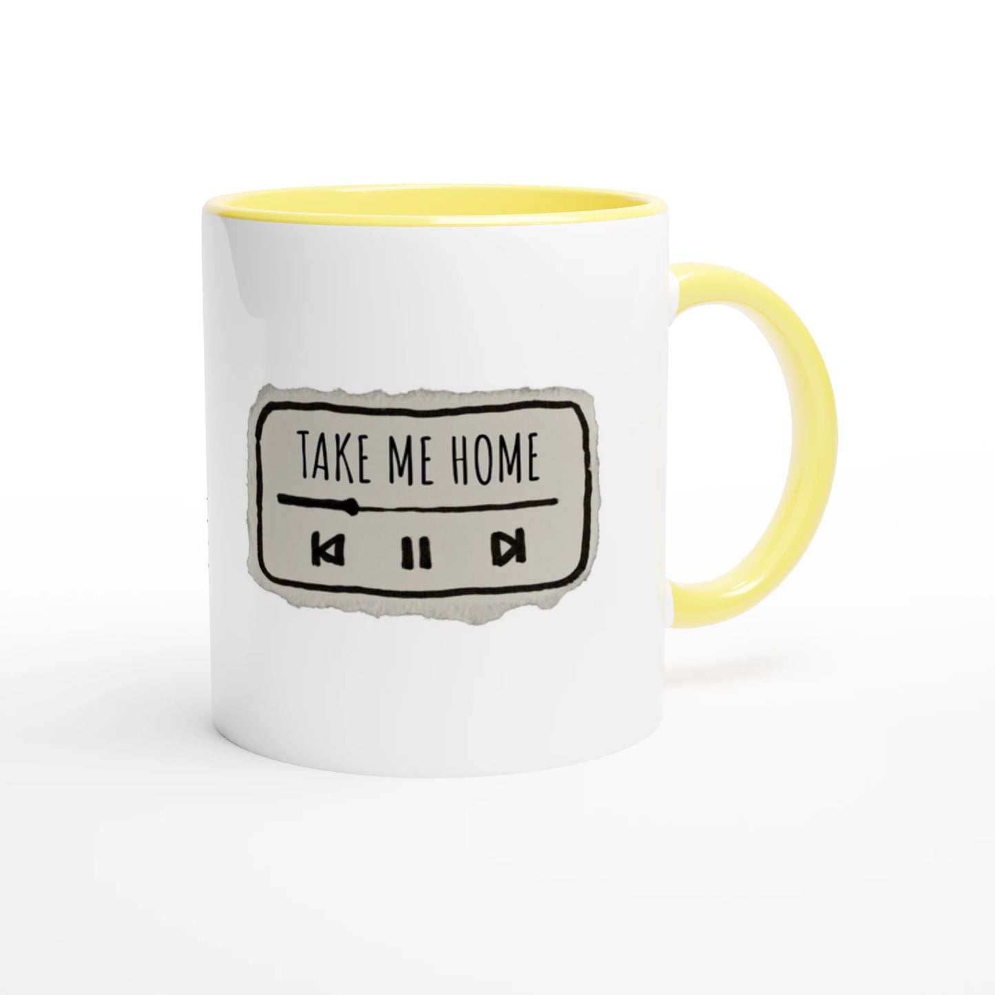 Zweifarbige Keramiktasse 325 ml mit Aufdruck "Take Me Home" in Gelb – Schreibtischtasse von Vollzeitfrust
