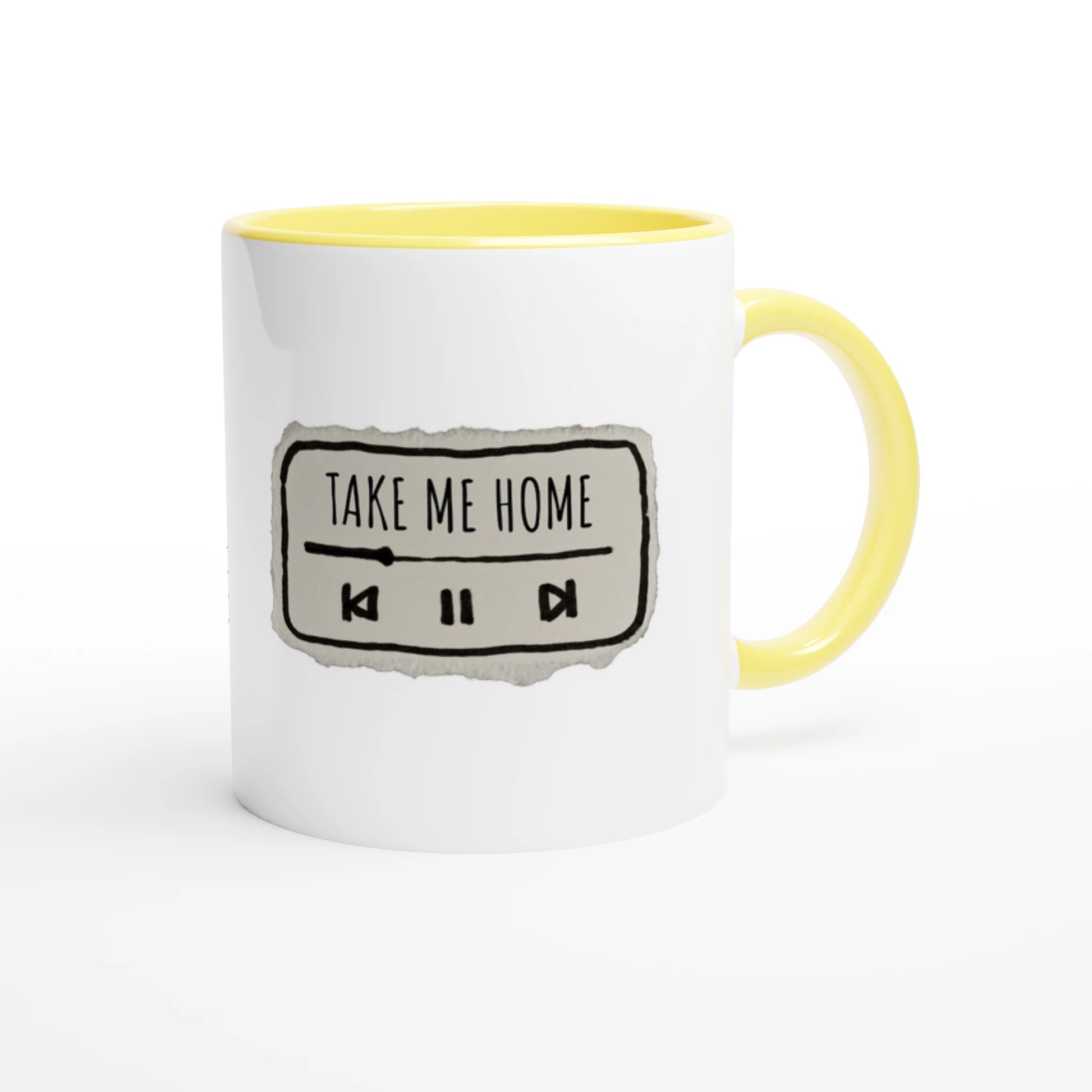 Zweifarbige Keramiktasse 325 ml mit Aufdruck "Take Me Home" in Gelb – Schreibtischtasse von Vollzeitfrust
