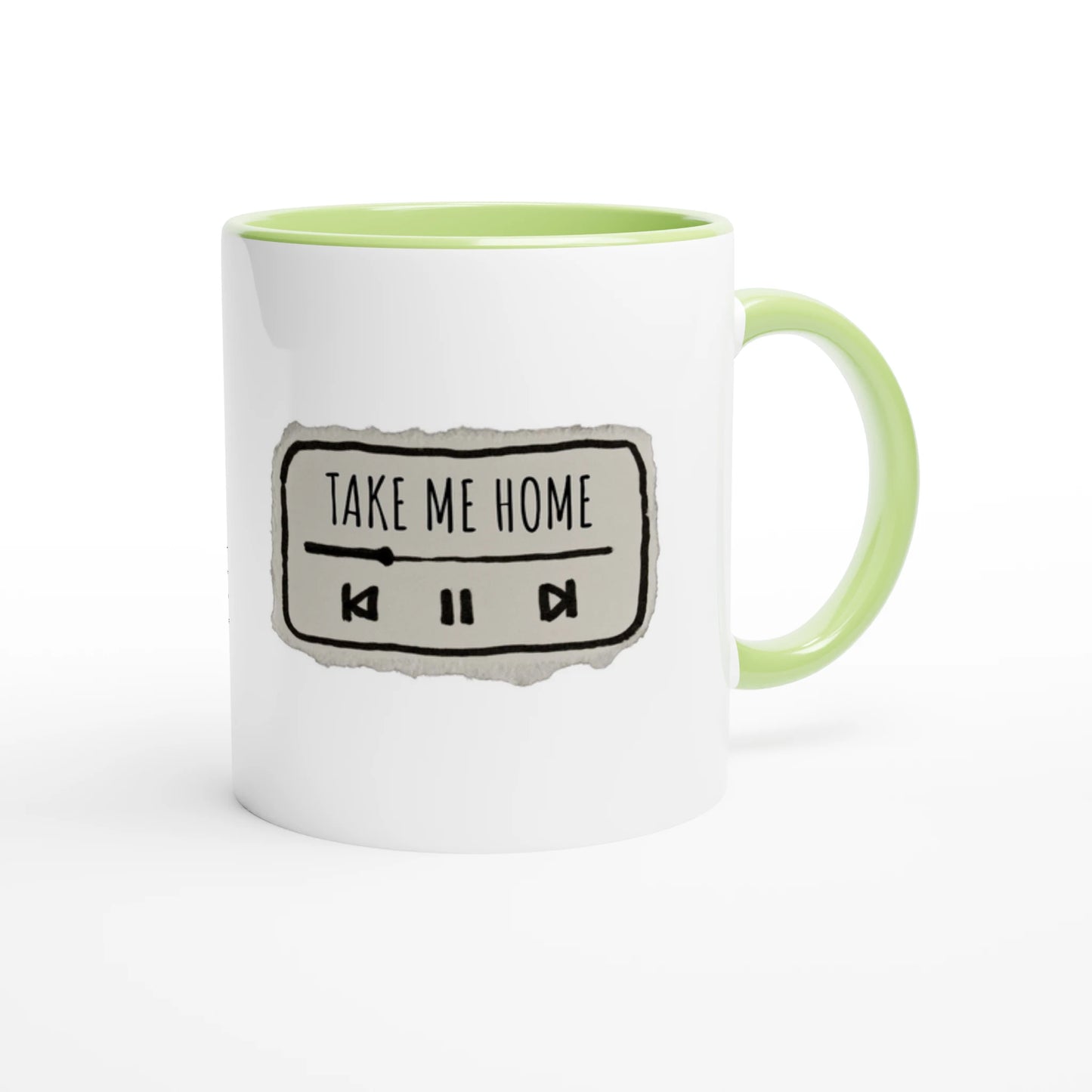 Zweifarbige Keramiktasse 325 ml mit Aufdruck "Take Me Home" in Grün – Schreibtischtasse von Vollzeitfrust
