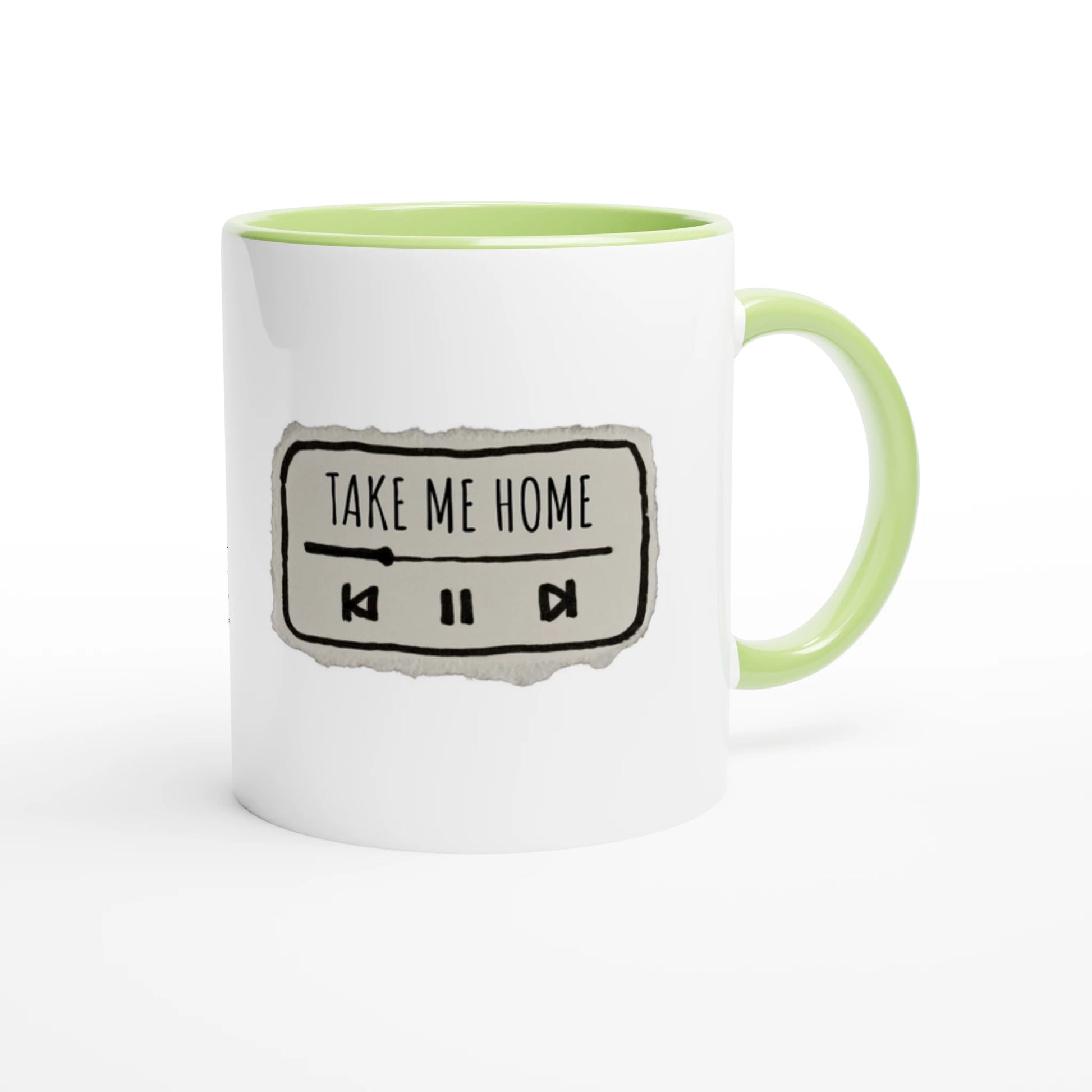 Zweifarbige Keramiktasse 325 ml mit Aufdruck "Take Me Home" in Grün – Schreibtischtasse von Vollzeitfrust

