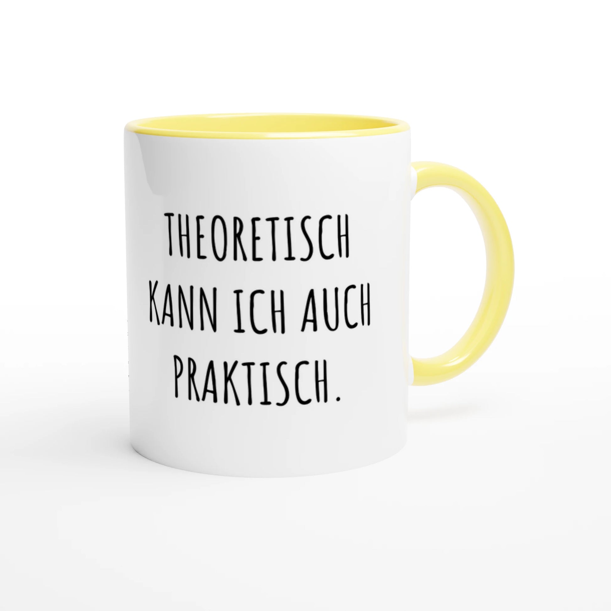 Zweifarbige Keramiktasse 325 ml mit Aufdruck "Theoretisch kann ich auch praktisch" in Gelb – Schreibtischtasse von Vollzeitfrust
