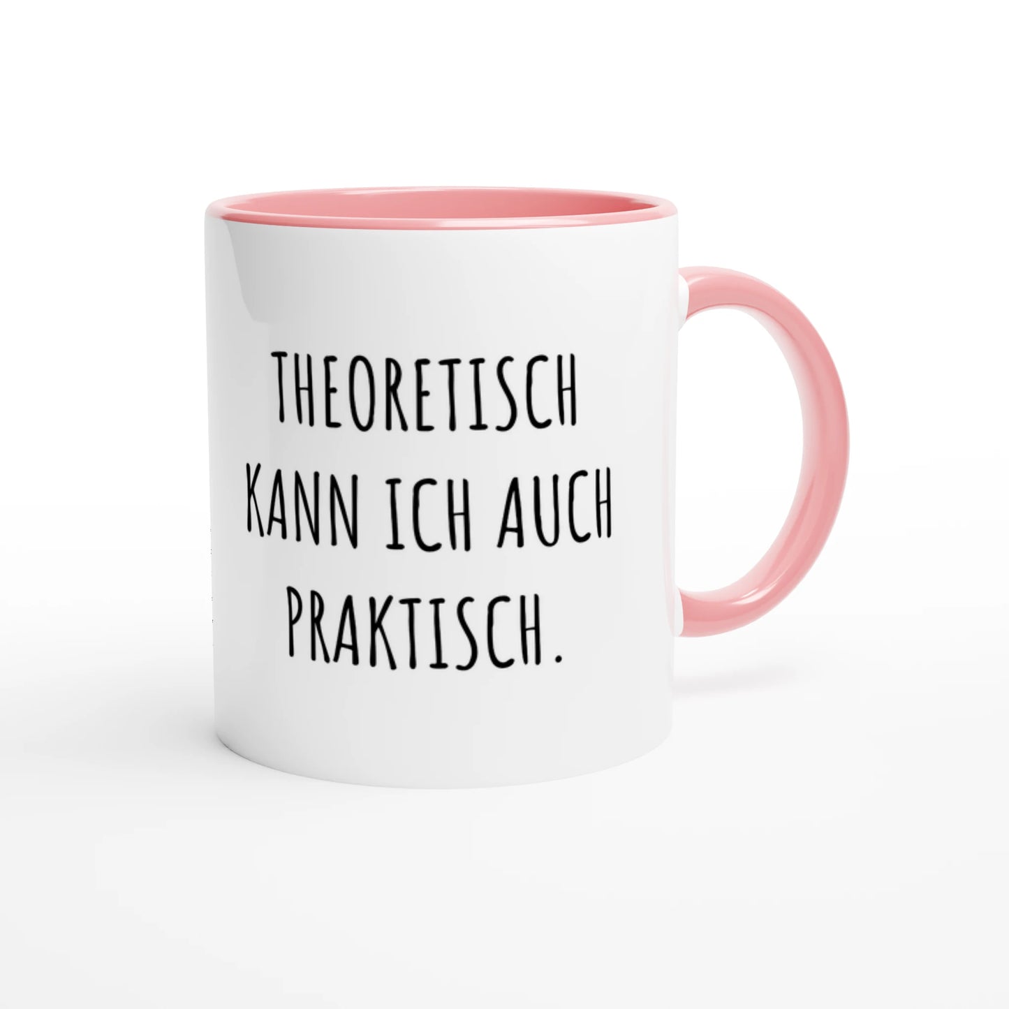 Zweifarbige Keramiktasse 325 ml mit Aufdruck "Theoretisch kann ich auch praktisch" in Rosa – Schreibtischtasse von Vollzeitfrust
