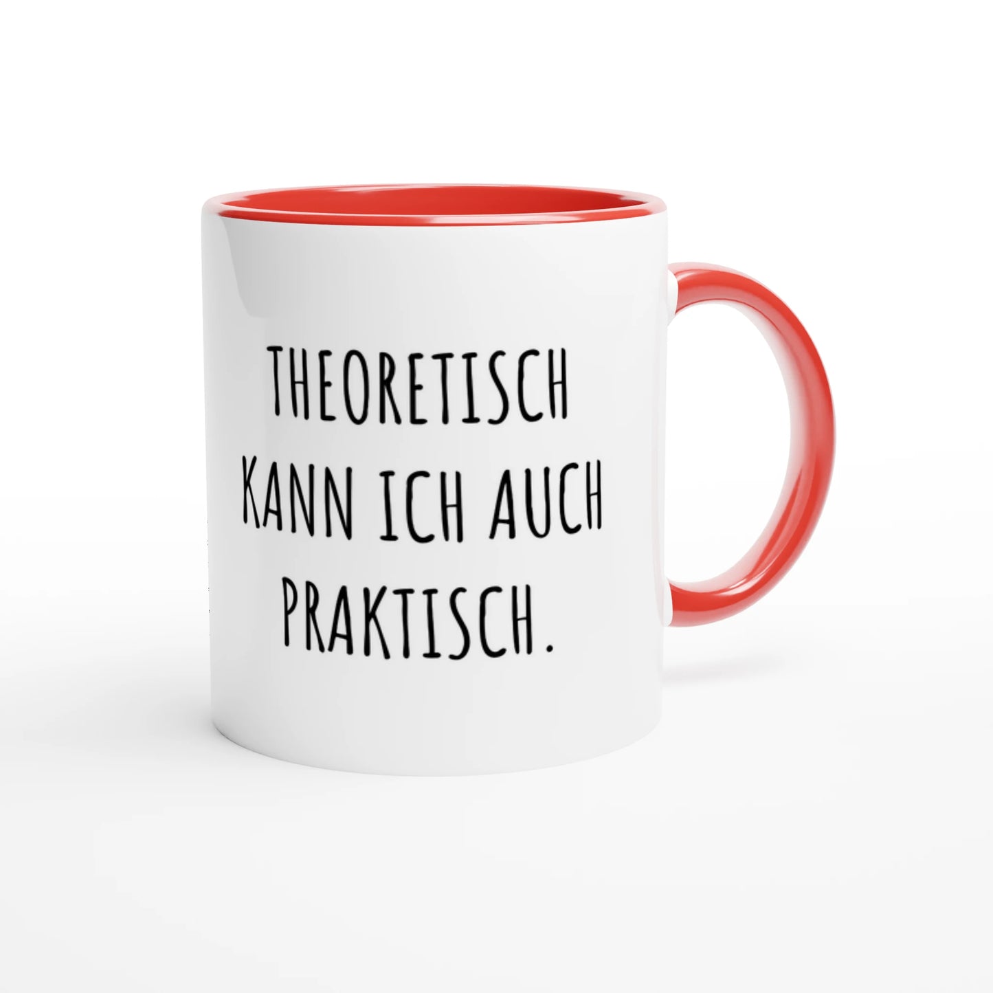 Zweifarbige Keramiktasse 325 ml mit Aufdruck "Theoretisch kann ich auch praktisch" in Rot – Schreibtischtasse von Vollzeitfrust
