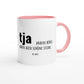 Zweifarbige Keramiktasse 325 ml mit Aufdruck "tja, andere Büros haben auch schöne Steine" in Rosa – Schreibtischtasse von Vollzeitfrust
