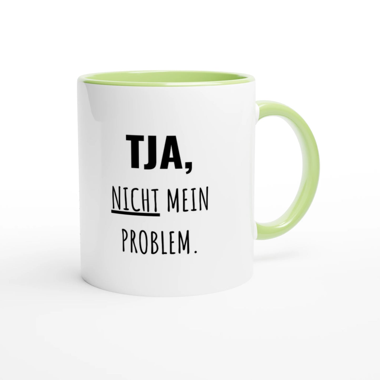 Zweifarbige Keramiktasse 325 ml mit Aufdruck "Tja, nicht mein Problem" in Grün – Schreibtischtasse von Vollzeitfrust
