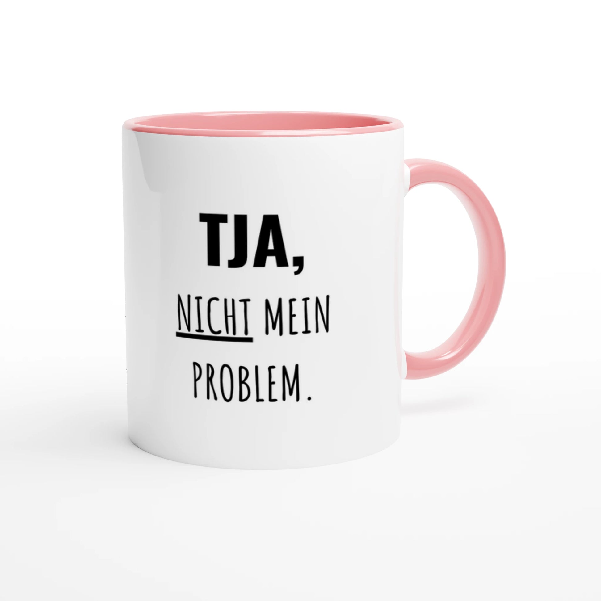 Zweifarbige Keramiktasse 325 ml mit Aufdruck "Tja, nicht mein Problem" in Rosa – Schreibtischtasse von Vollzeitfrust
