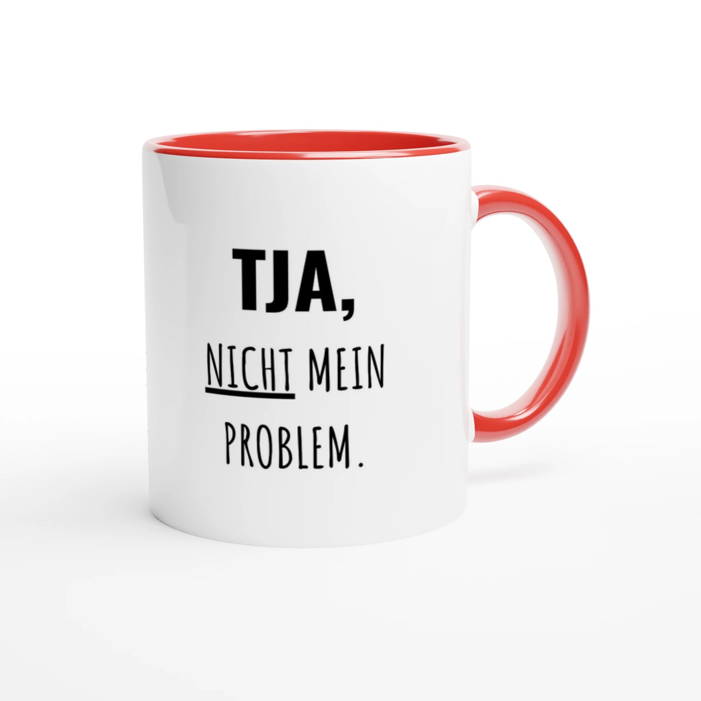 Zweifarbige Keramiktasse 325 ml mit Aufdruck "Tja, nicht mein Problem" in Rot – Schreibtischtasse von Vollzeitfrust
