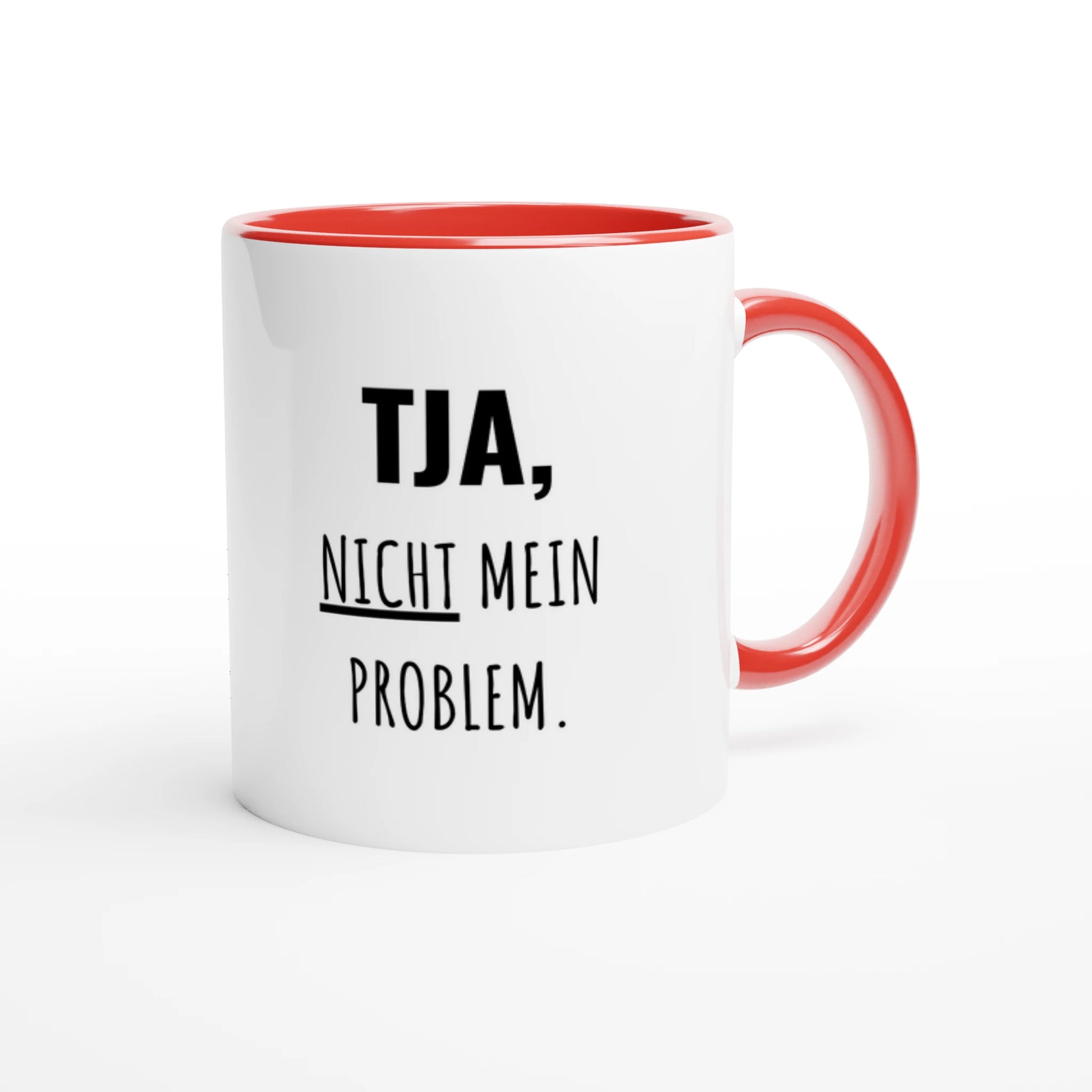 Zweifarbige Keramiktasse 325 ml mit Aufdruck "Tja, nicht mein Problem" in Rot – Schreibtischtasse von Vollzeitfrust
