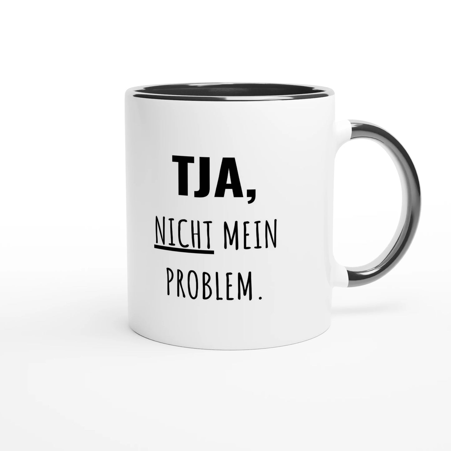 Zweifarbige Keramiktasse 325 ml mit Aufdruck "Tja, nicht mein Problem" in Schwarz – Schreibtischtasse von Vollzeitfrust
